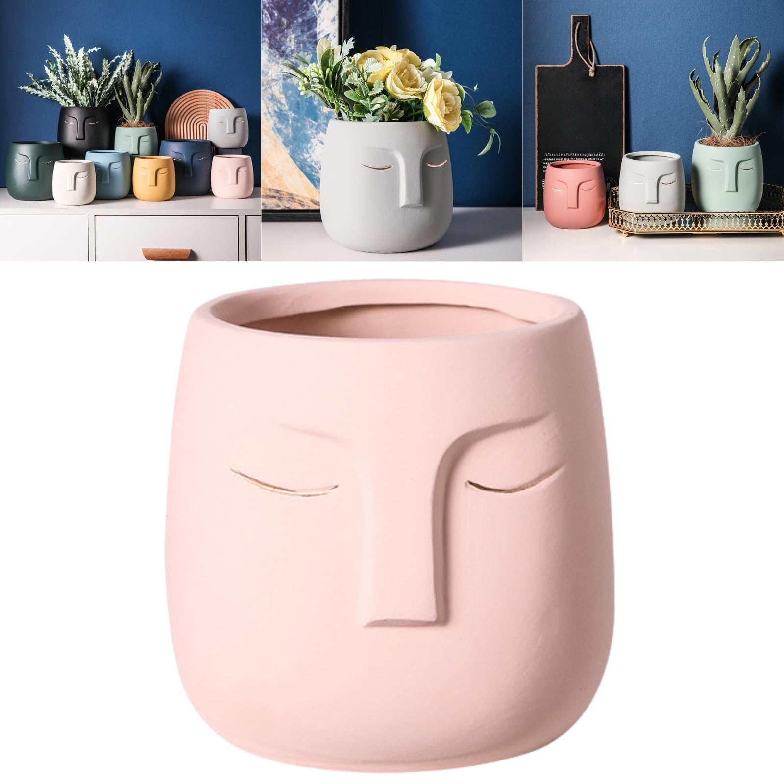 Boxonly Face Planter (Pink, Medium, With Hole, Without Tray) - Ceramic Plant Pot for Succulents, Flowers, and Small Plants - Nordic Minimalist Vase for Indoor and Outdoor Home Decor