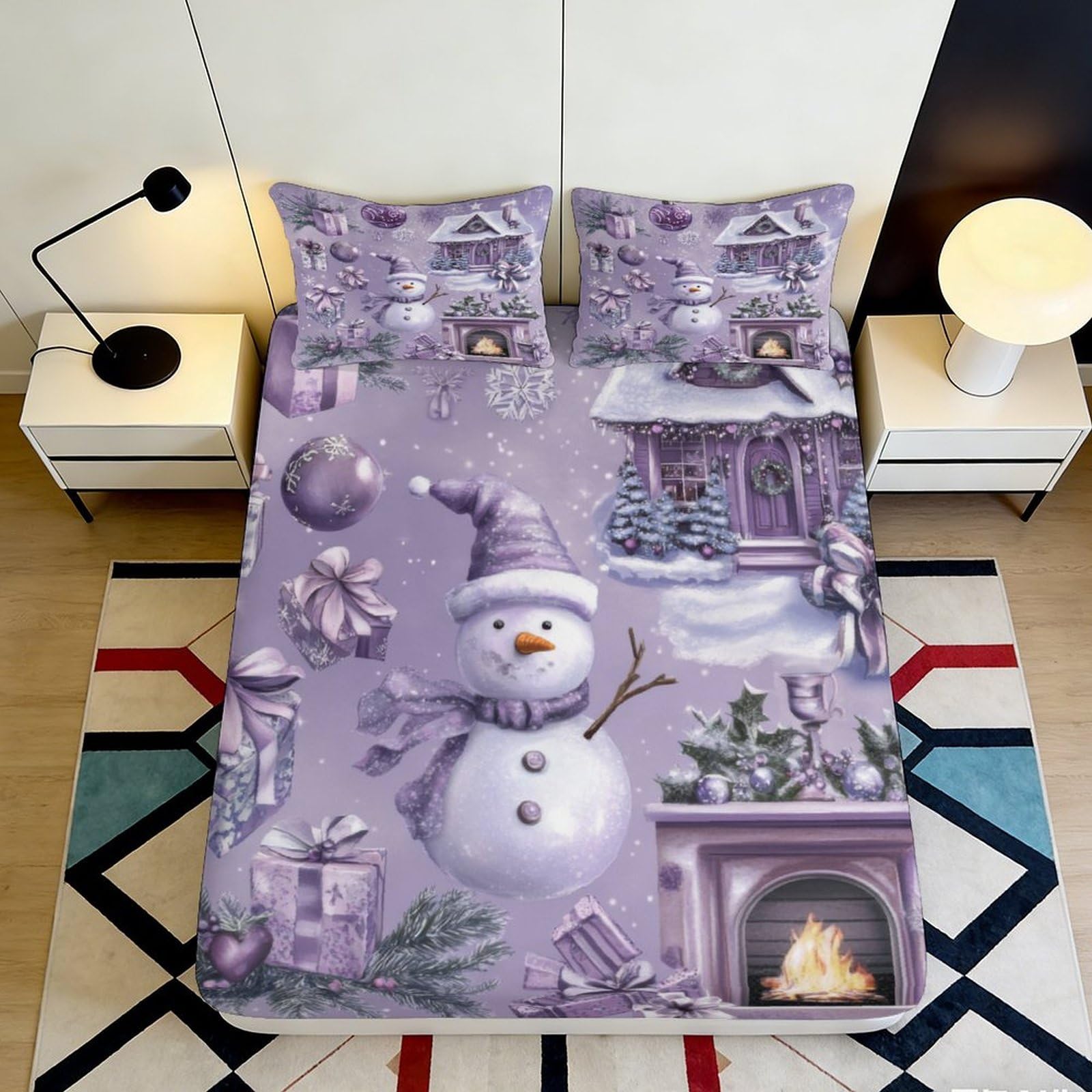 3D Printed Purple Snowman Fitted Sheet Microfiber Soft Christmas House Mattress Cover for Bedroom Guest Room 180x200x25cm