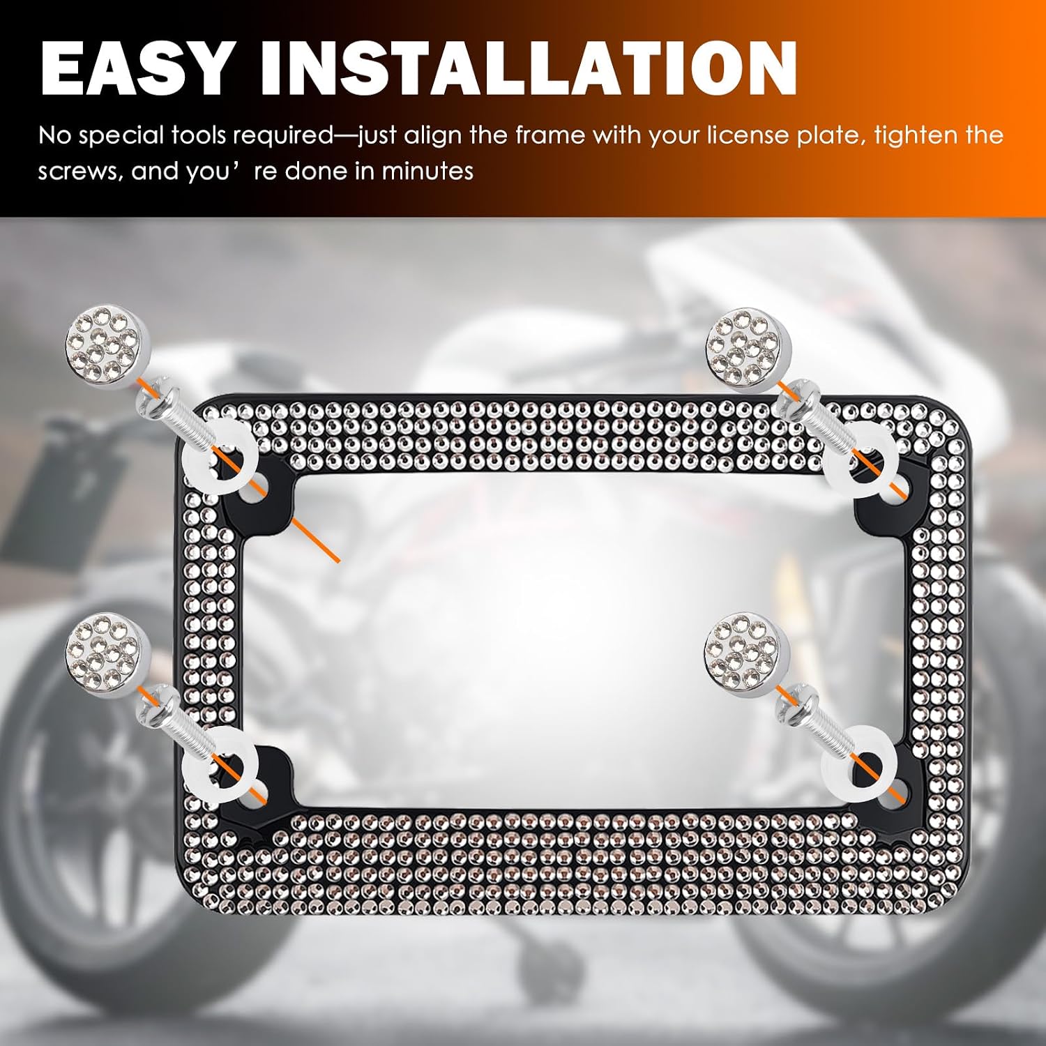 Rhinestone Motorcycle License Plate Frames,Stylish & Sparkling Motorcycle Plate Frame for Decorative Purposes,Essential Bling License Plates Frame for Motorcycles Comes with Screws (White)