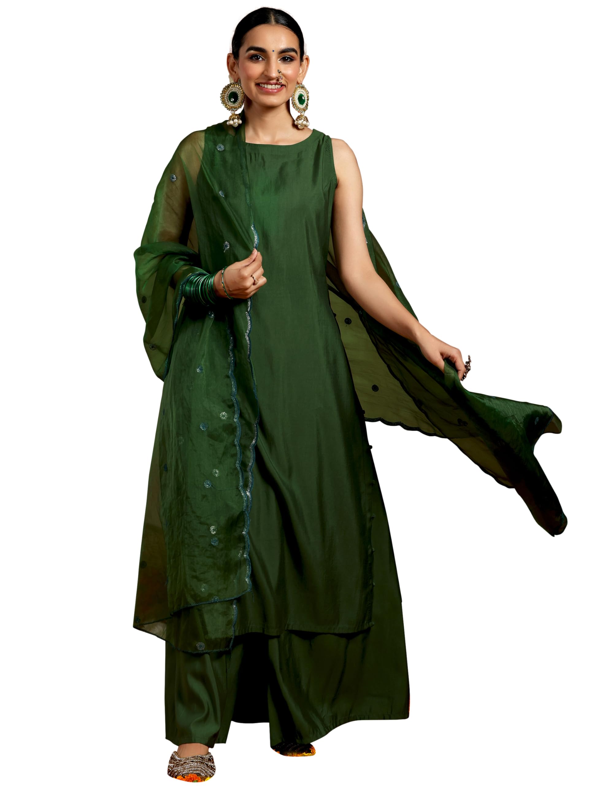 Solid Silk Blend A-Line Kurta With Palazzo and Dupatta-image-2