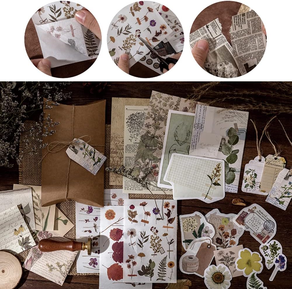 Knaid Vintage Scrapbook Supplies Pack, Decorative Plants Dried Pressed Flowers Floral Nature Retro Paper Stickers for Junk Journal DIY Crafts Album Bullet Journals Planners