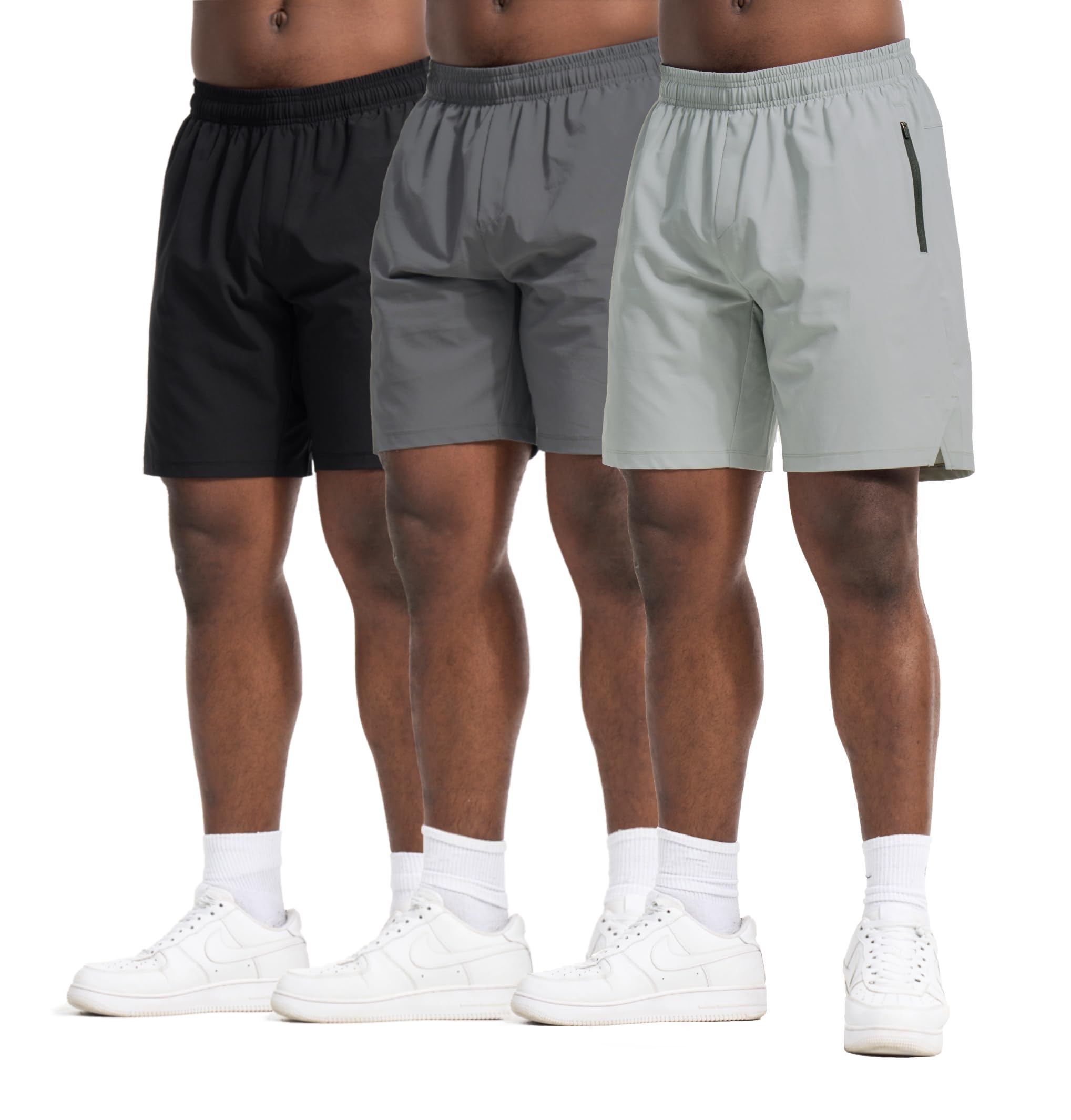 Mens Athletic Shorts 3 Pack Woven Dry Fit Gym Shorts with Zipper Pockets Drawstring for Activewear