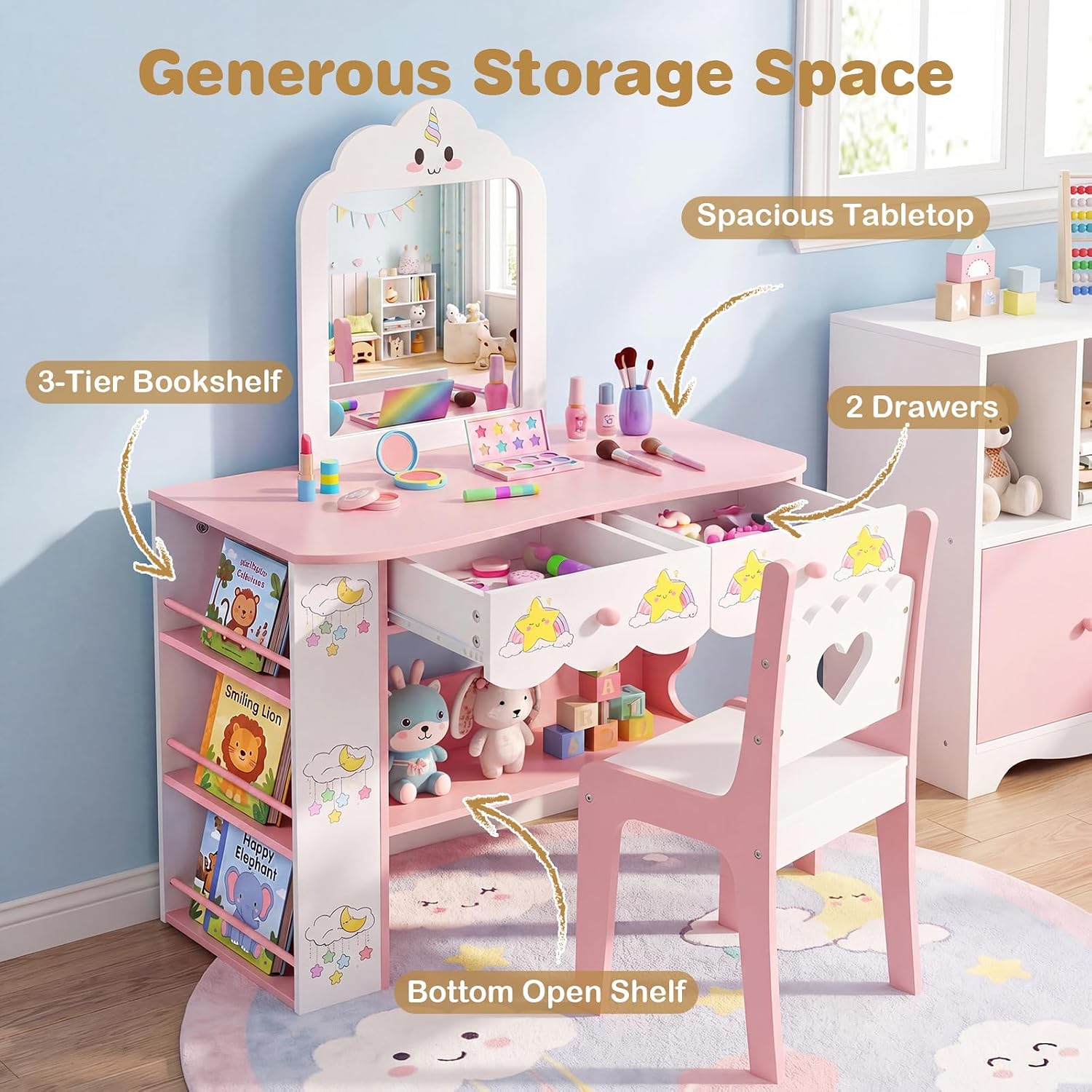 Children's Dressing Table Cloud Shape with Mirror 2 Drawers
