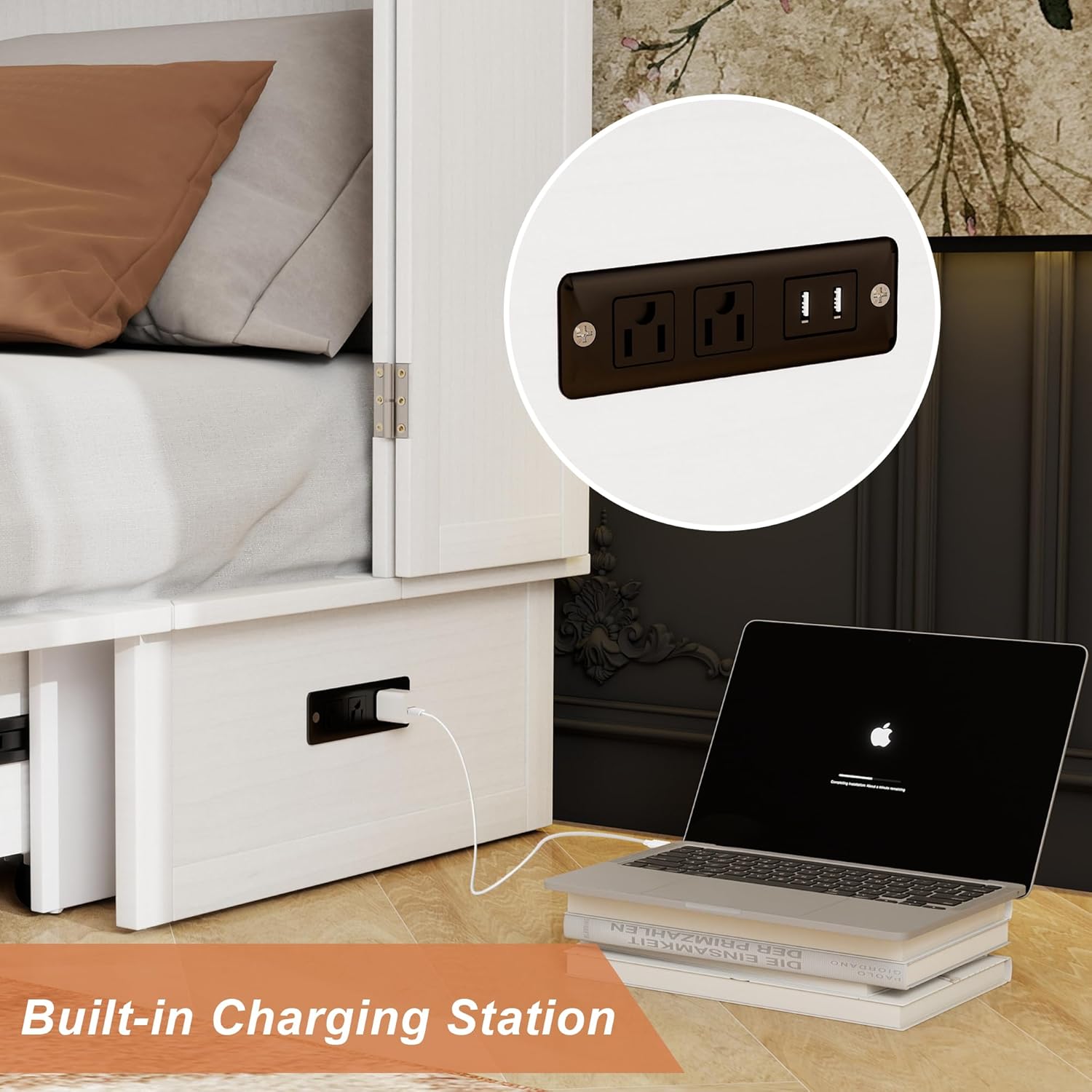 Solid Wood Murphy Bed Without Mattress: Solid Wood Queen Murphy Bed with Storage Drawer and Built-in USB Charging Station, Hidden Bed Furniture for Multipurpose Area, Diamond Ivory White-22