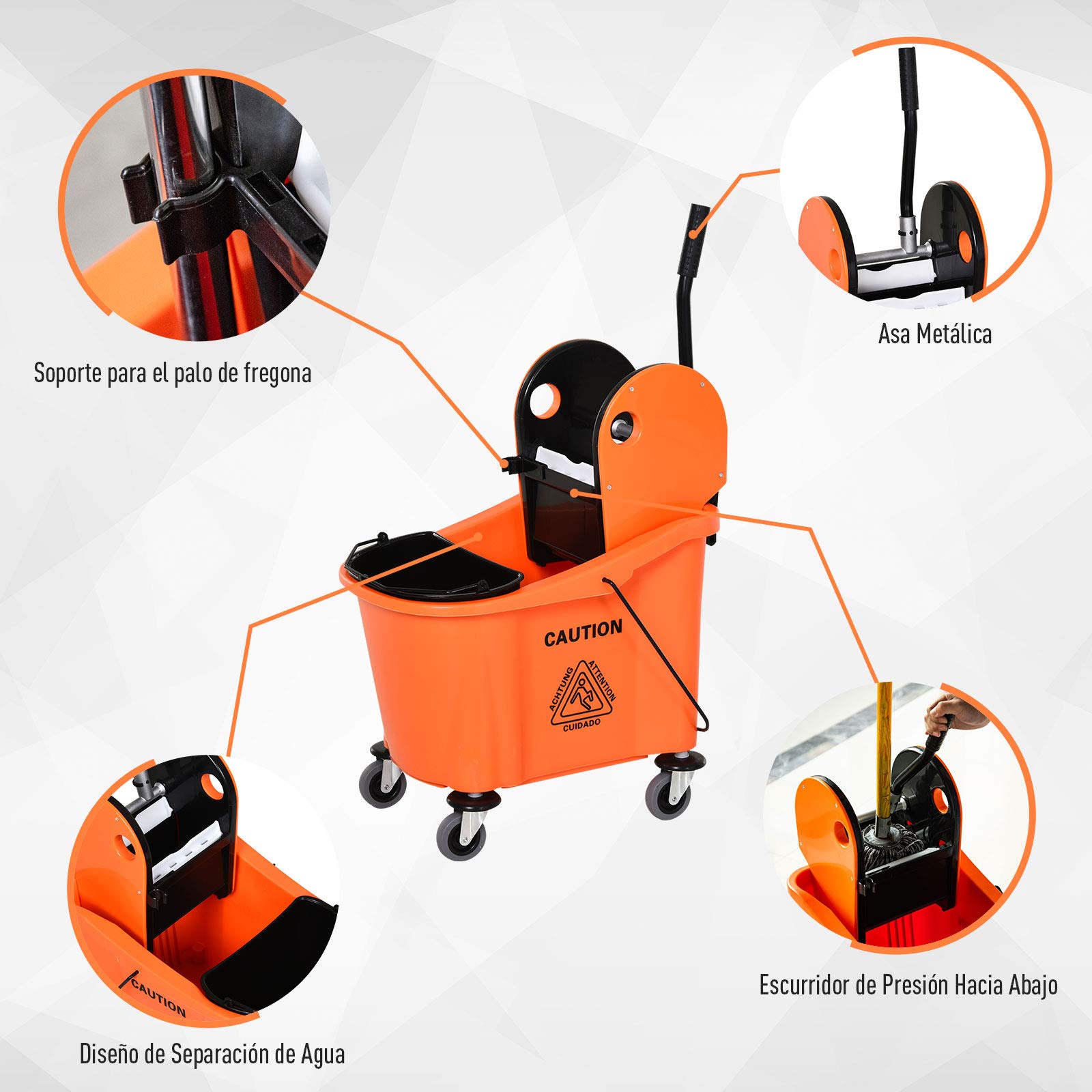 HOMCOM Cubo de Fregona con Ruedas Capacidad de 36L Carro de Limpieza con Escurridor de Presión Abajo y 2 Cubetas Separadas 54x41x91,5 cm Naranja