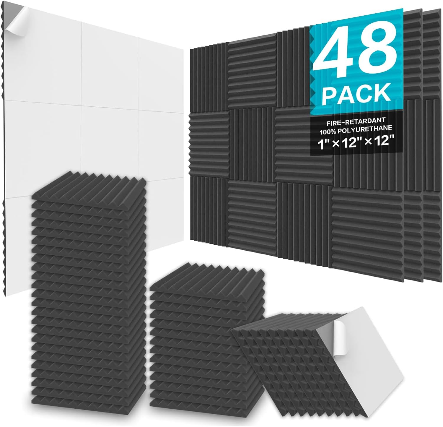 JBER 48 Pack Acoustic Foam Panels, 1" X 12" X 12" Studio Soundproofing Wedges Fire Resistant Sound Proof Padding Acoustic Treatment Foam - Black