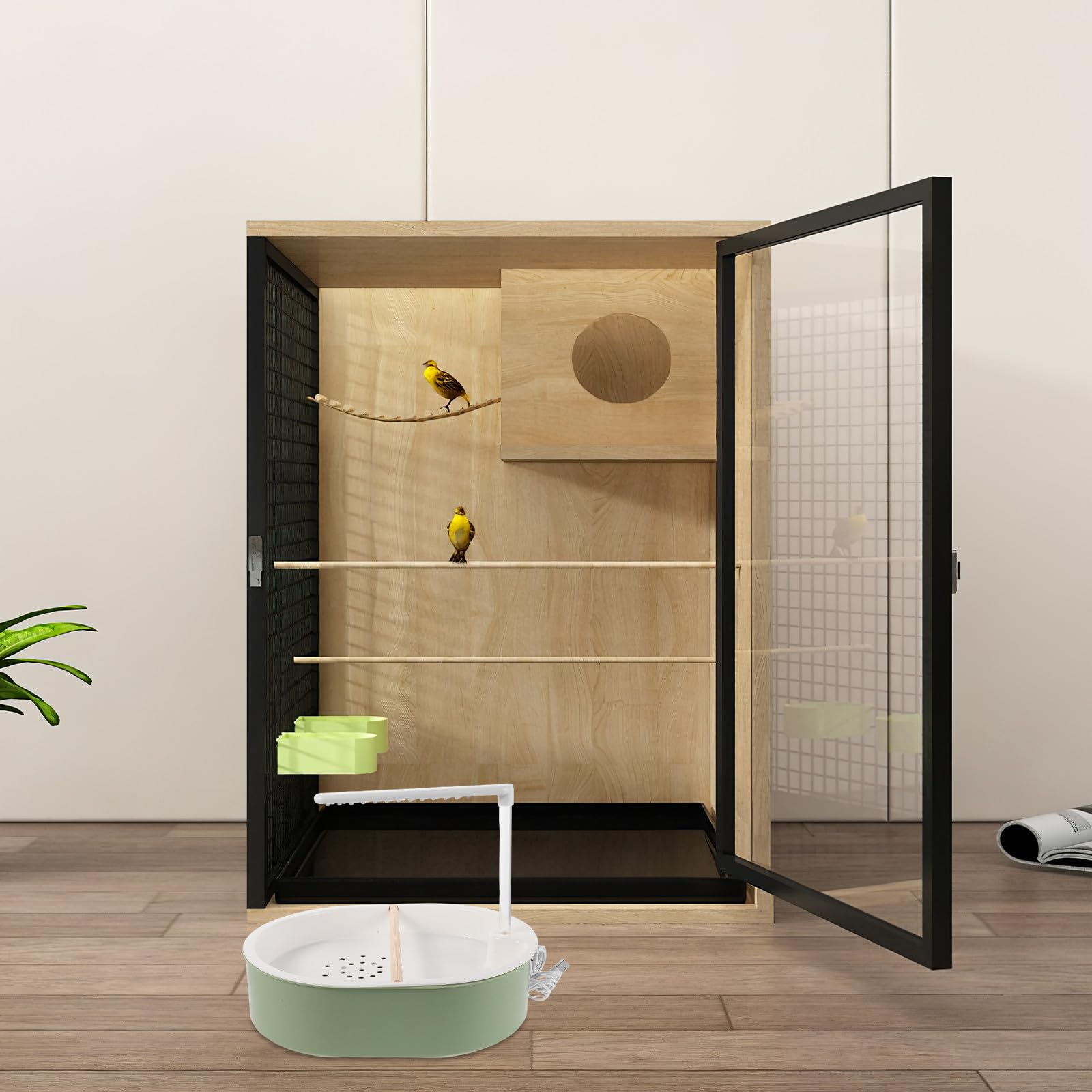 Ciieeo Automatisches Vogelbad für Drinnen mit 5w USB Pumpe und Doppelreihigem Duschsystem aus Kunststoff und Holz für Wellensittiche und Nymphensittiche im Käfig