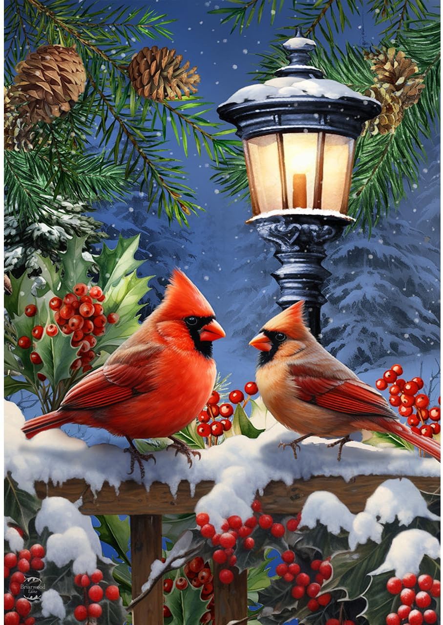 Lantern and Cardinals Winter House Flag Candle Floral 28" x 40" Briarwood Lane