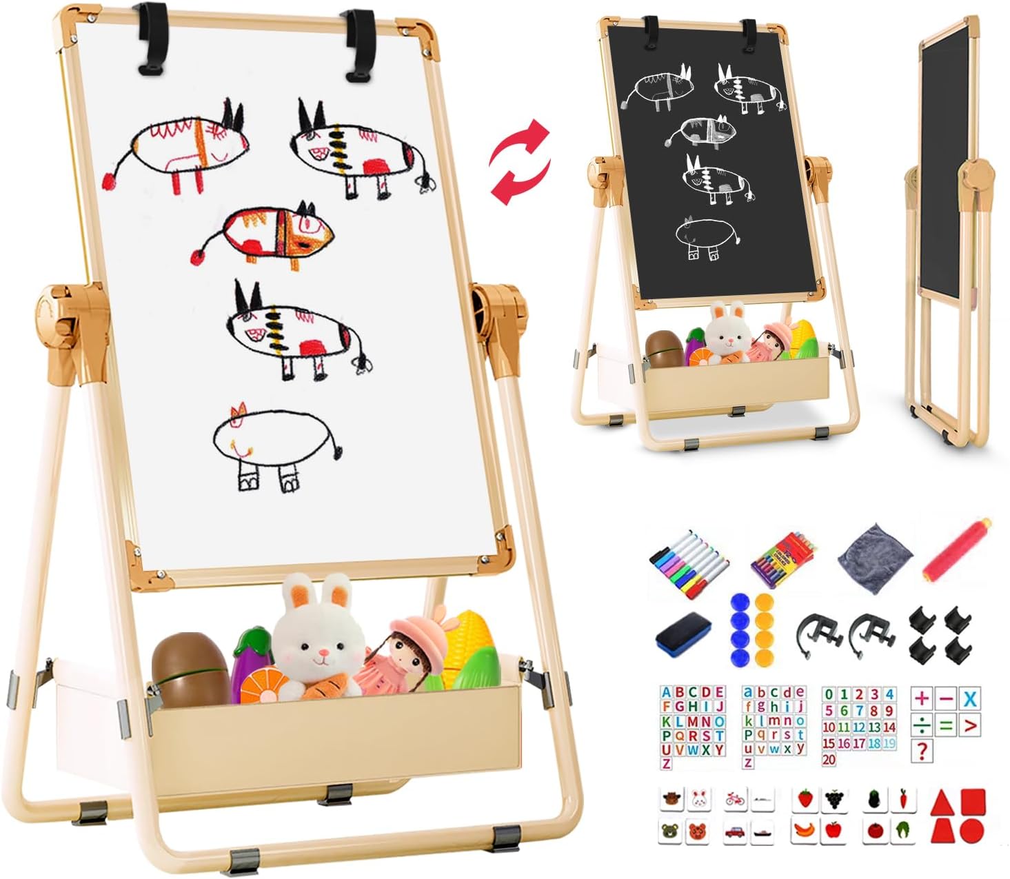 Kids Easel Double-Sided Standing Easel with Paper Clip Foldable Drawing Board Height Adjustable Standing Art Easel 360° Rotatable Whiteboard Chalkboard with Accessories Gift for Boys Girls (Champagne)