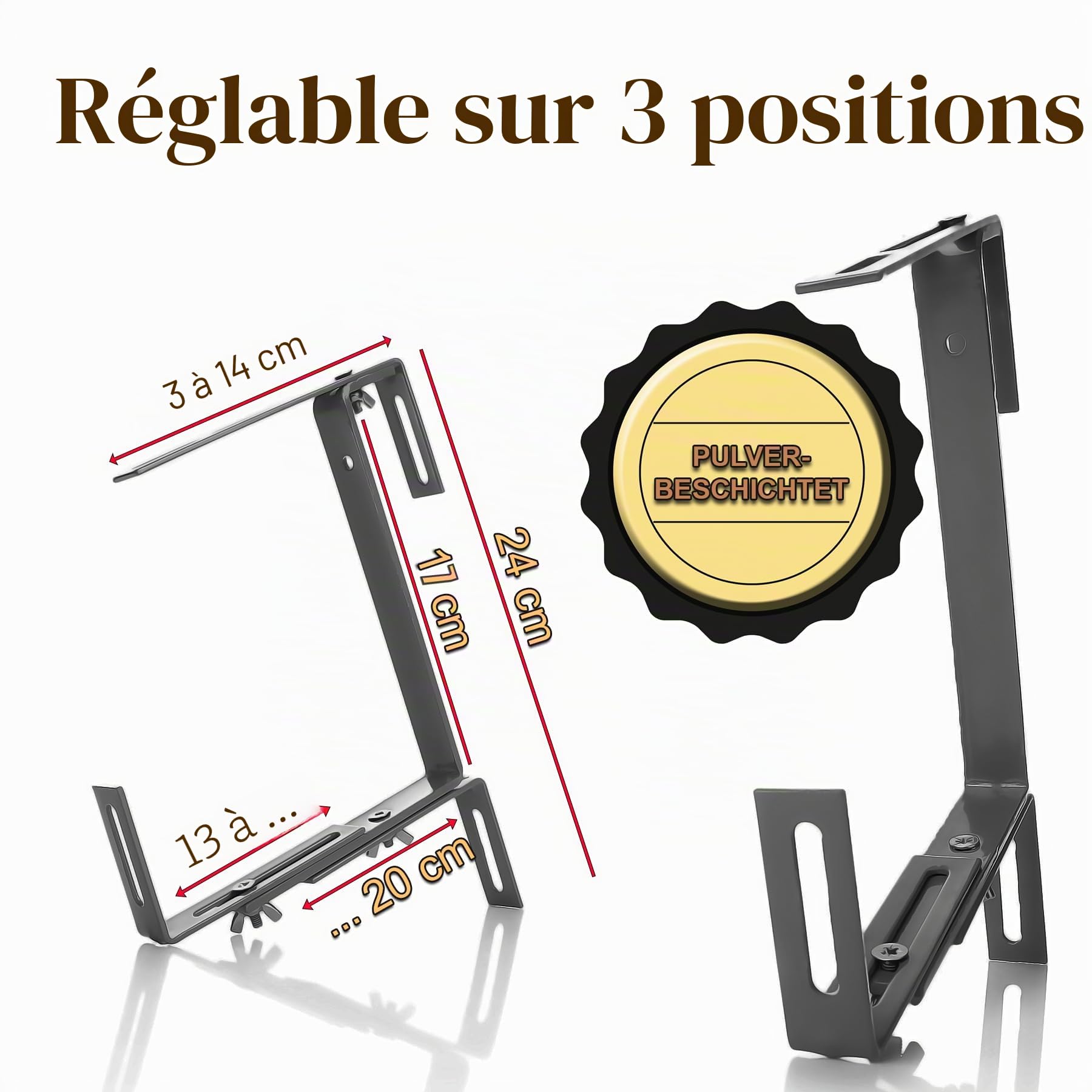 BigDean Lot de 6 supports de jardinières anthracite pour balcon et balustrade - Fixation facile pour jardinières et jardinières - Support de jardinière réglable sur 3 positions - Support de jardinière