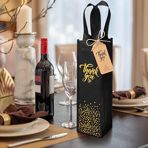 Miniatura 10 de Windyun 24 bolsas de regalo de vino a granel, bolsas de regalo de vino no tejidas con etiquetas impresas de agradecimiento y cuerda, bolsa