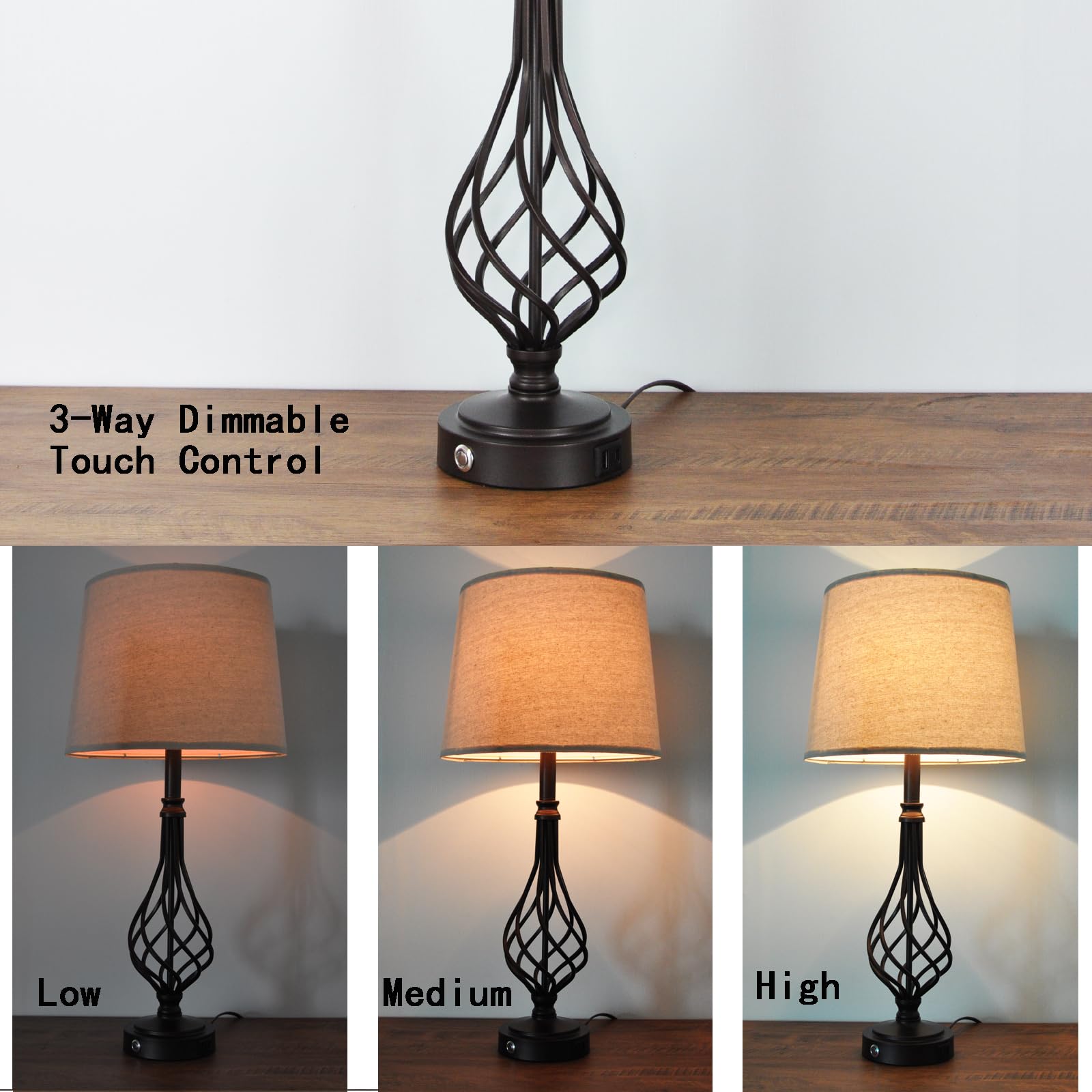 RAIKAGE Lamps for bedrooms Set of 2 Metal Spiral cage Table Lamps 28.5" Touch Control 3-Way Dimmable, Antique Farmhouse Traditional Bedside Lamps(2 Bulbs Included)