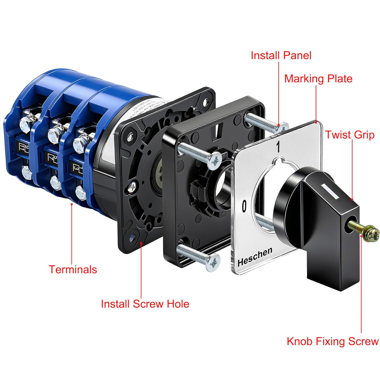 Heschen Universal Rotary Cam Selector Changeover Switch, LW28-125/D303.3, 125A 660VAC, Lacthing Type, ON/Off/ON, 3 Position 3 Phase 12 Terminals