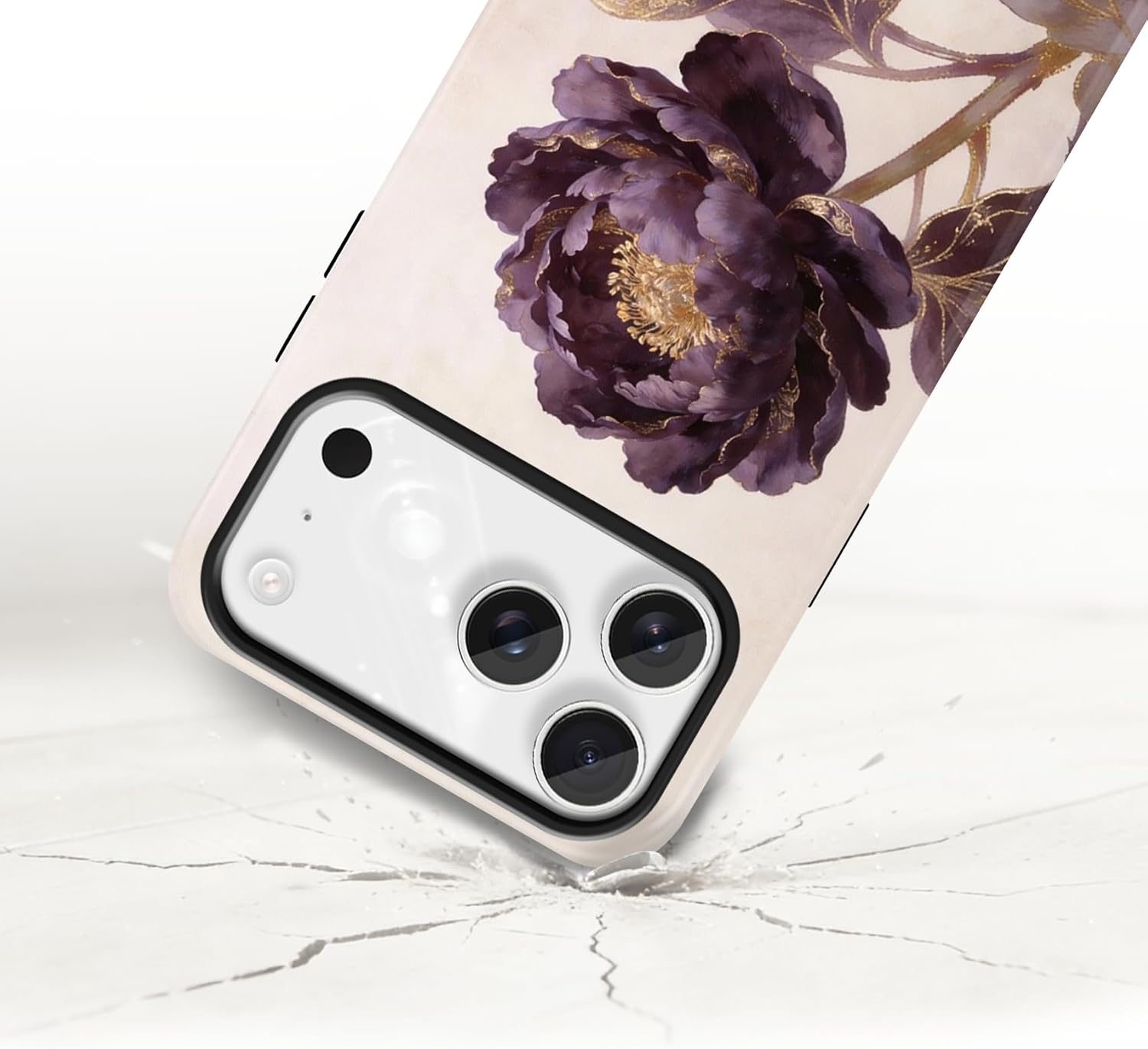 Flower Phone case Compatible with iPhone 17 pro max case,Purple Plants Floral Gold Foil Wildflower Pattern,Vintage Peony Aesthetic Design,Protective Dual-Layer Cover