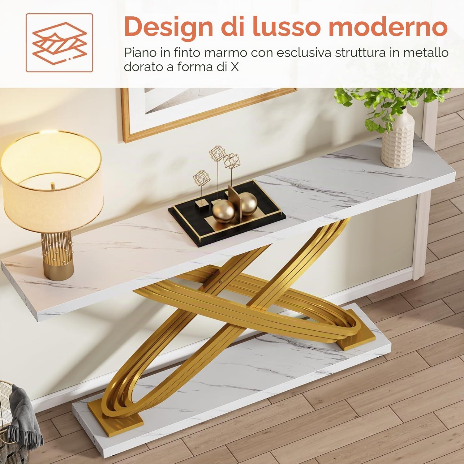 Tribesigns Consolle Ingresso,Tavolo Consolle in Marmo Moderno Bianco e Oro,Telaio in Metallo, 140 x 33 x 80 cm Tavolo d'ingresso alto e stretto,per Soggiorno, Corridoio (Bianco)