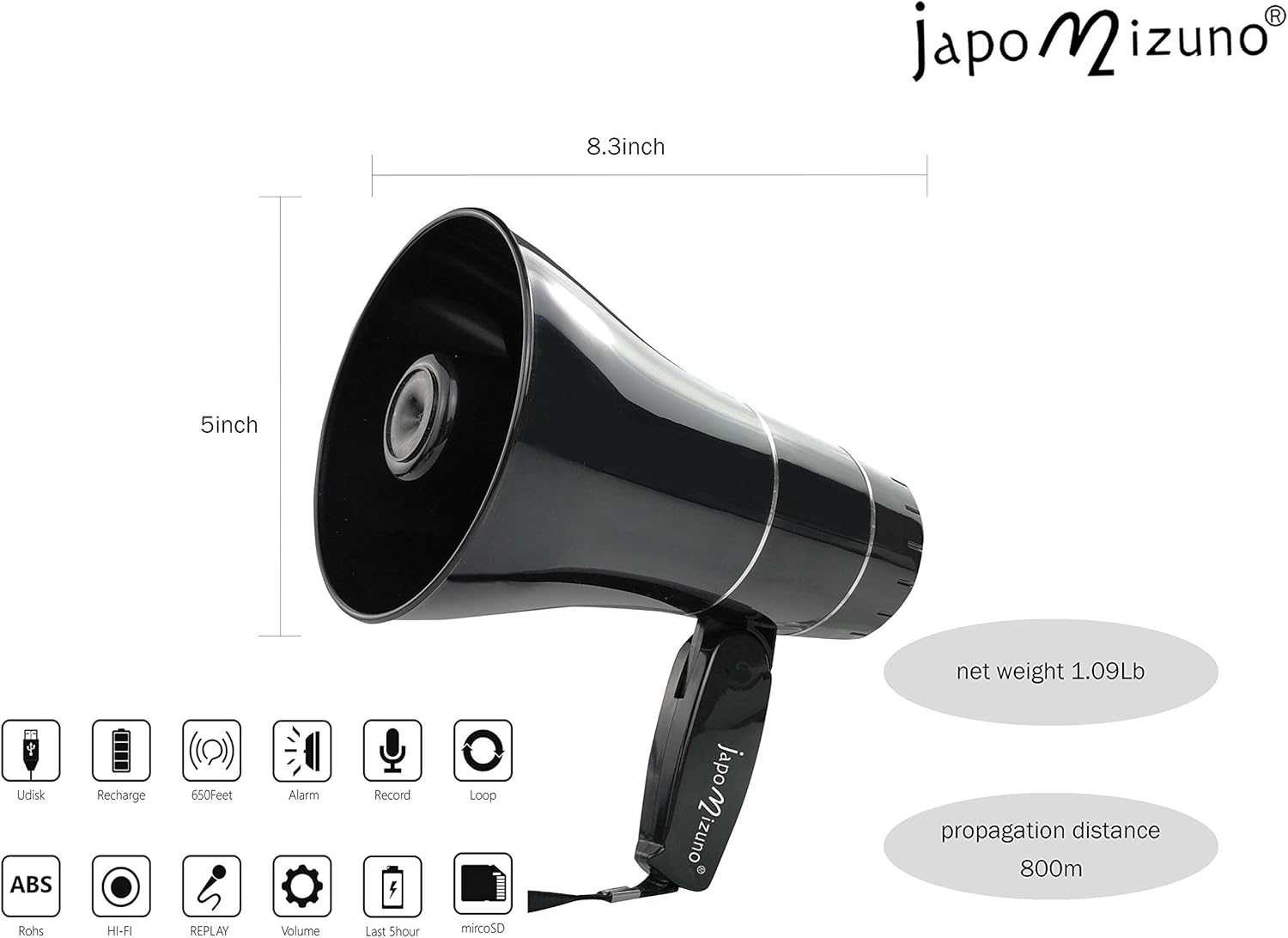 Rechargeable Bullhorn Megaphone Speaker with 240s Recording, Emergency Siren Alarm, U-Disk Playback Portable PA System for Outdoor Events, Coaching, Stadiums Rechargeable Battery Included (Black)