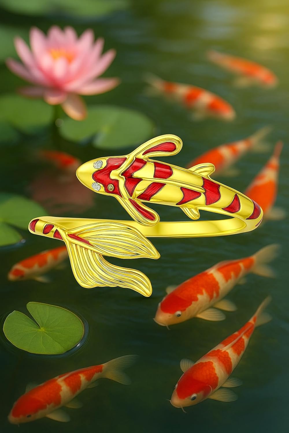 Stainless Steel Koi Fish Ring and Earrings Set with Red Enamel, Japanese Style - Koi Fish Jewelry Gift
