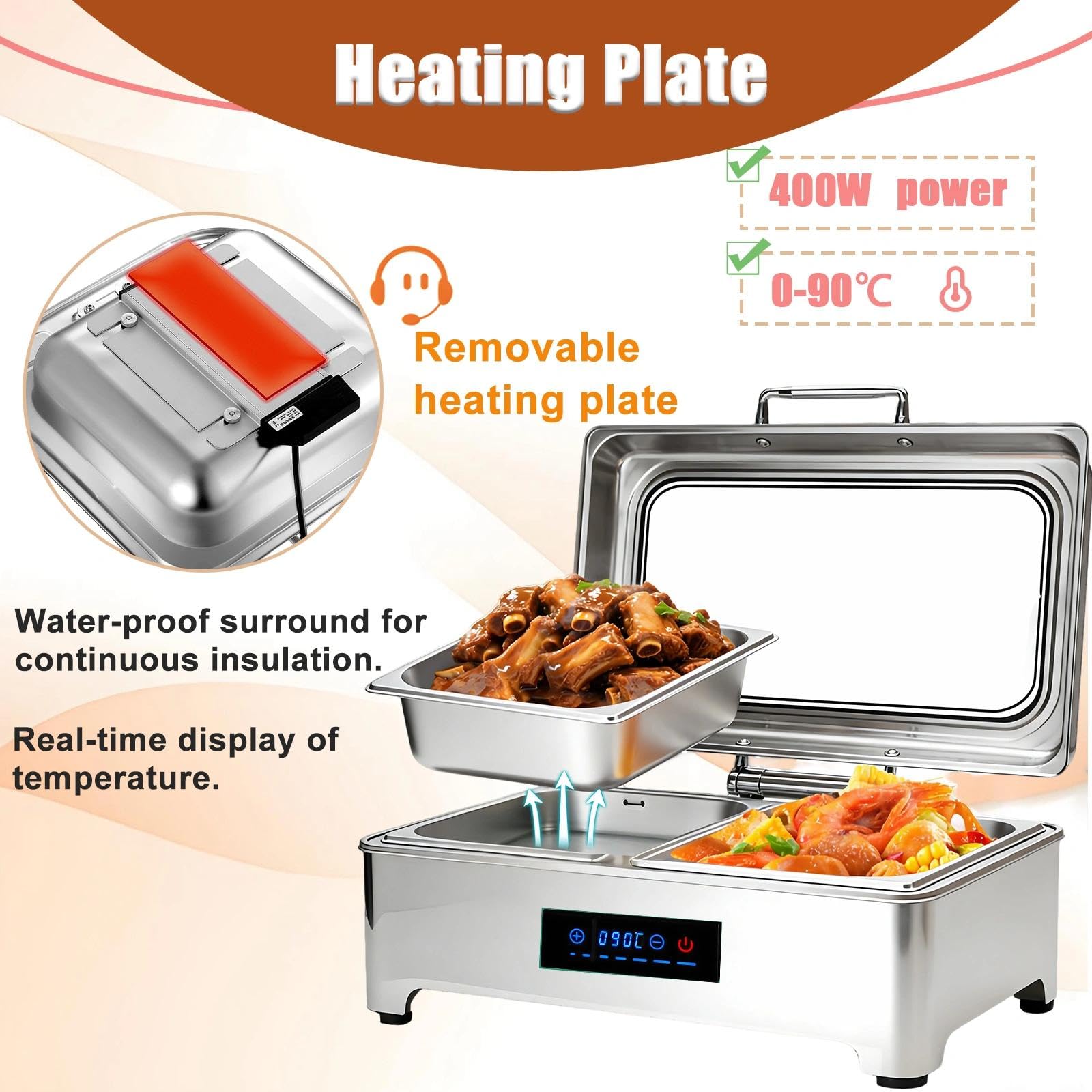 Chafing Dish Elettrico 9L, Scaldavivande Elettrico per Buffet in Acciaio Inox, Professionale Chafing Dish per Buffet con Temperatura Regolabile per Buffet e Ristoranti(1/2)