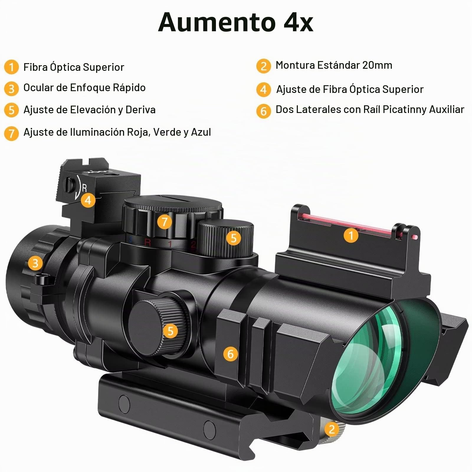 CVLIFE Alcance táctico de rifle de 4 x 32 pulgadas, mira de retícula iluminada en rojo, verde y azul con mira de fibra óptica