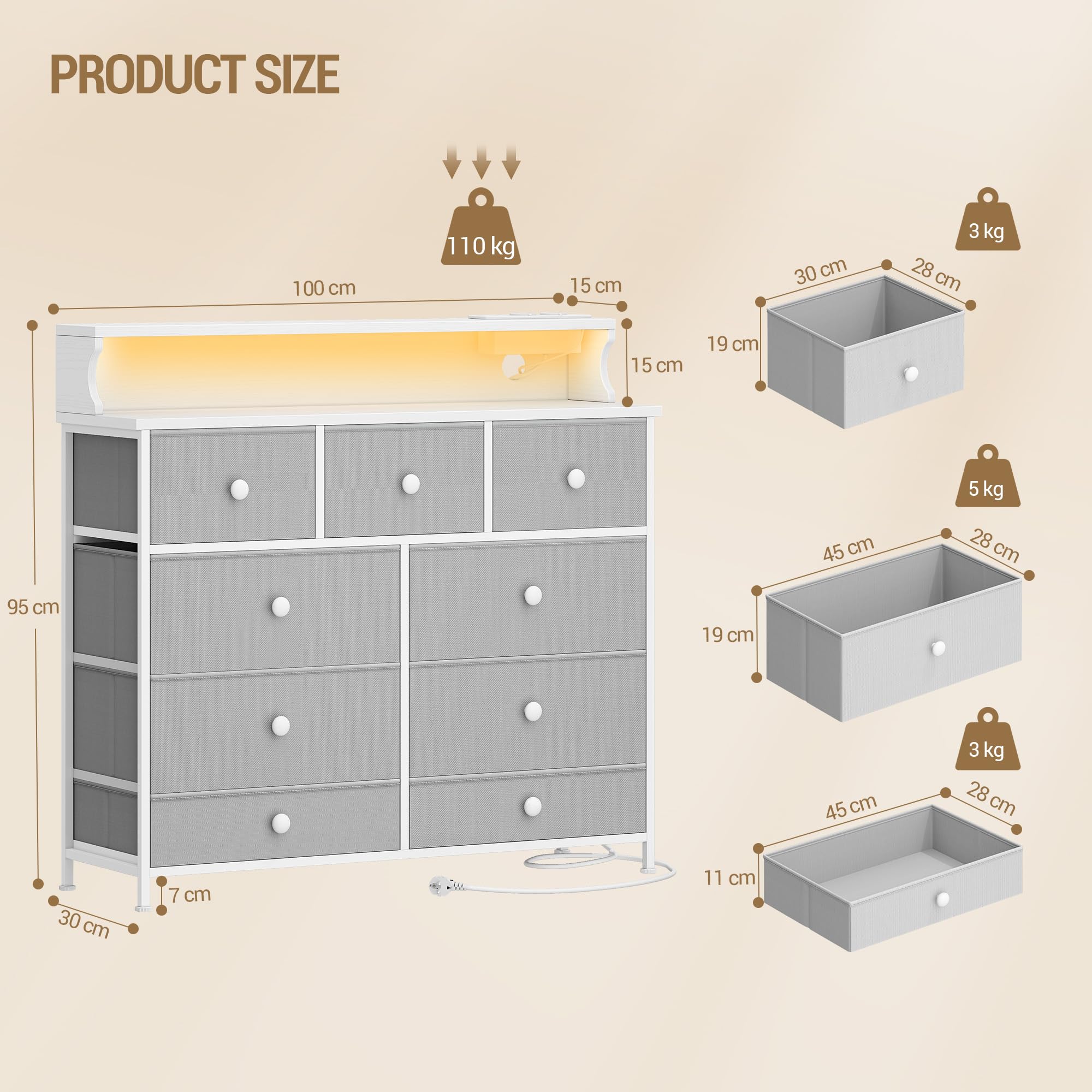 Hzuaneri Kommode mit 9 Schubladen, LED-Lichtleiste, 2 USB & 2 AC-Anschlüsse | Vielseitiges Aufbewahrungsmöbel für Wohnzimmer und Schlafzimmer, 30 x 100 x 95 cm, Weiß-Grau DU02913WEU