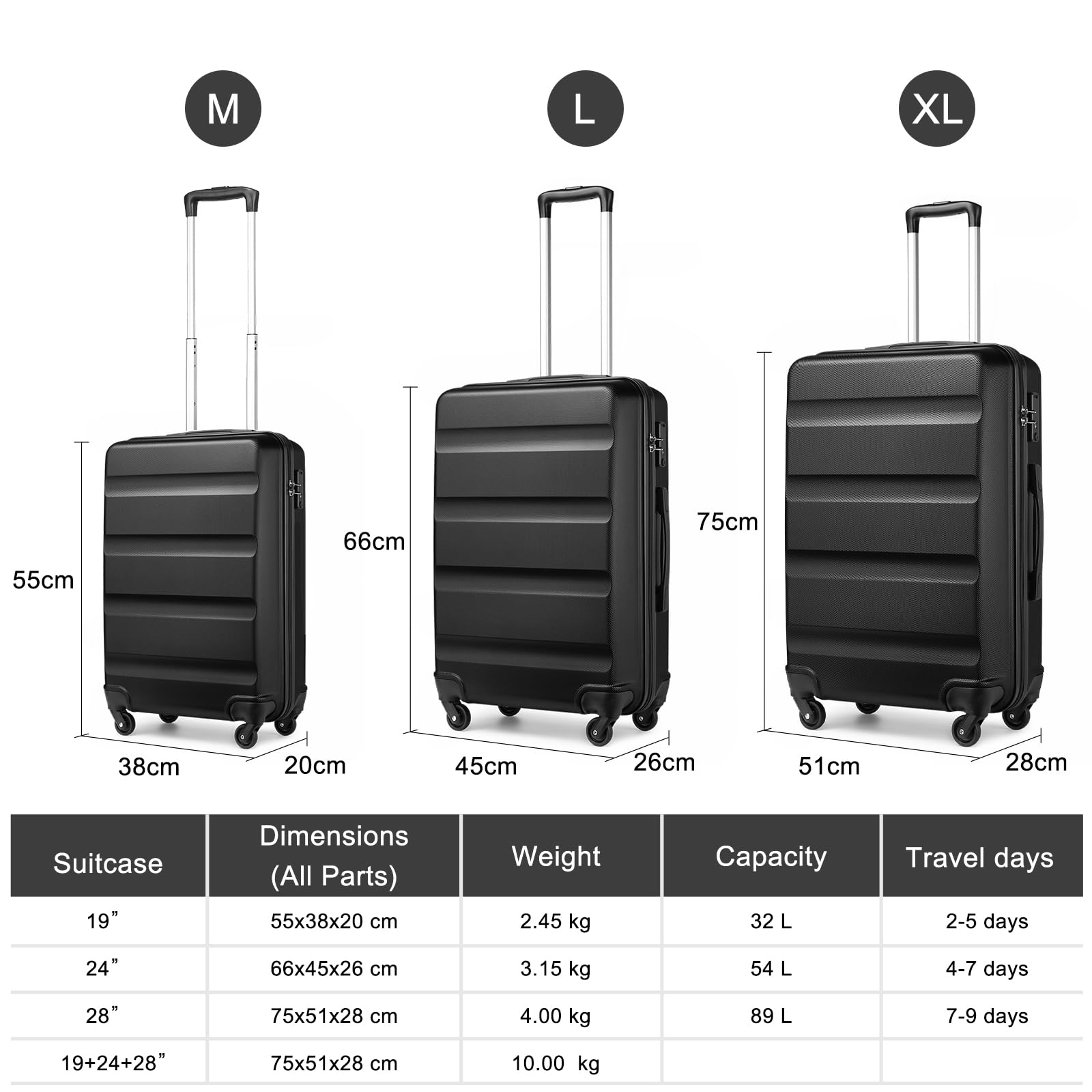 Kono Valigia rigida in ABS+PC con 4 ruote girevoli e serratura TSA, Nero , 28" Large, Valigia