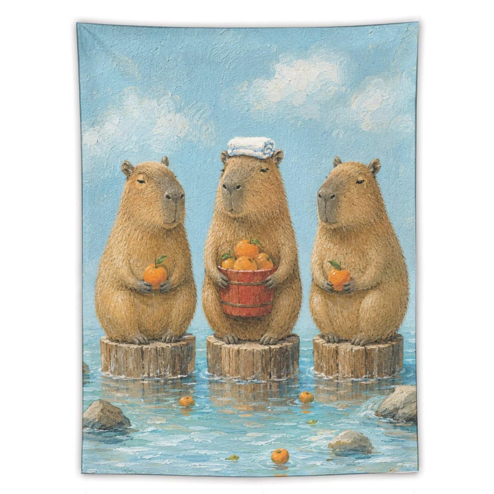 H3B8U2Y5 Capybara Trio with Fruit Wall Tapestry, Watercolor Style, Entryway