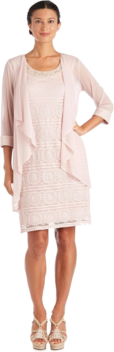 R&M Richards Knee Length Formal Glitter Stripe Jacket & Sheath Dress Set 10 Rose