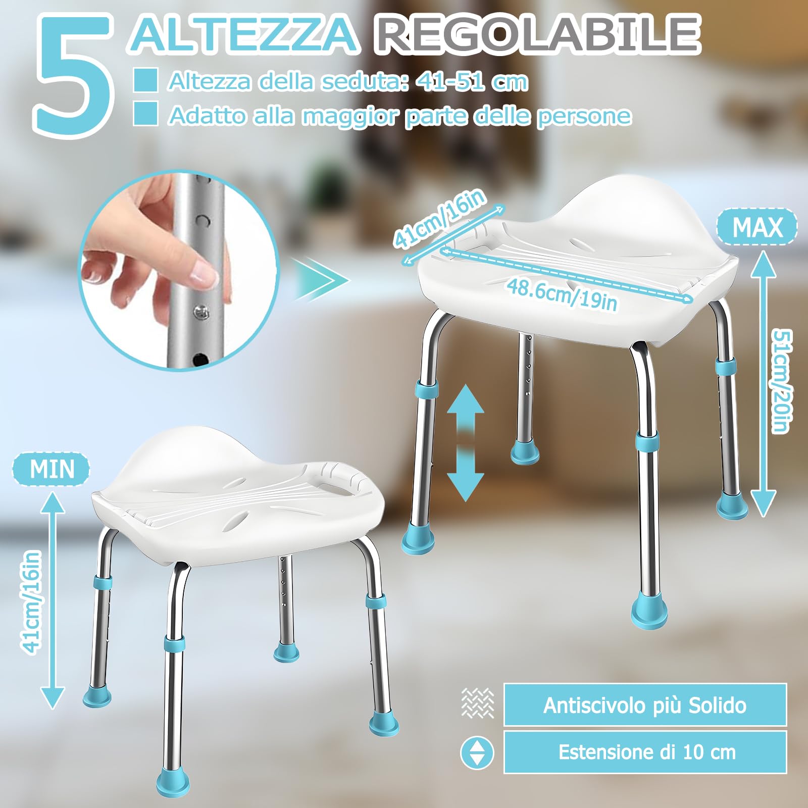 Sgabello Doccia per Anziani, Sedia da Doccia Extra Largo da 48 cm, Sgabello da Bagno in Alluminio con Altezza Regolabile 41-51 cm, Piedini Antiscivolo, Piccolo Schienale, Portata 200 kg