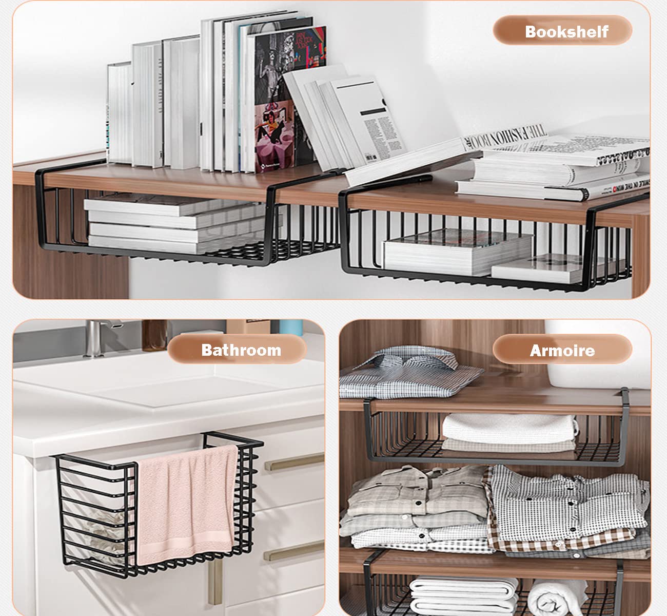 2 Paniers Suspendus MERAXI Pour Rangement Sous étagère - Dressing, Cuisine, Salle De Bain, Noir