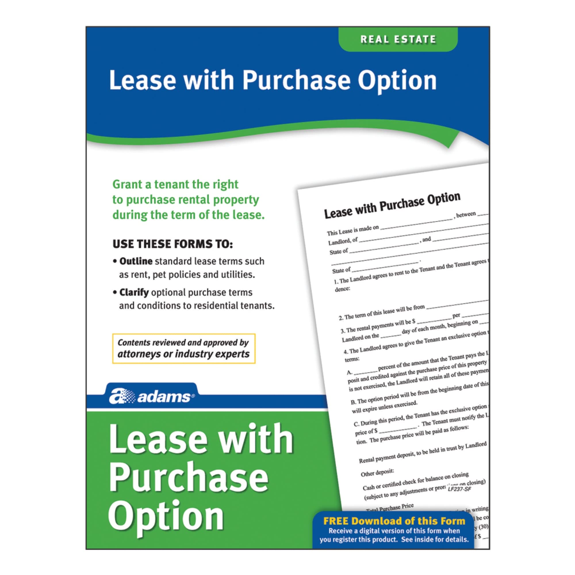 Adams Lease with Purchase Option Forms, Includes Downloadable, Fillable Digital Forms, White (LF237)