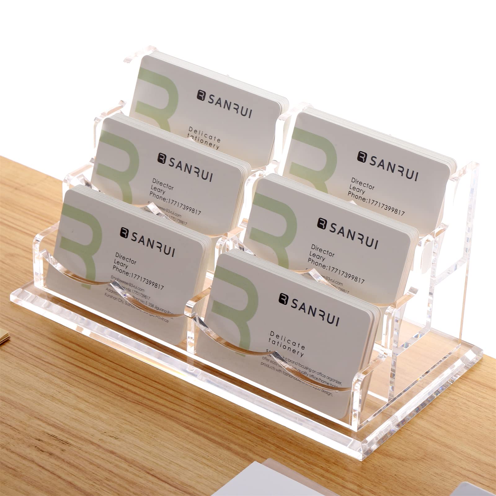 SANRUI - Tarjetero de acrílico para escritorio o oficina, soporte para tarjetas de visita, pantalla transparente de 3 niveles con 6 bolsillos