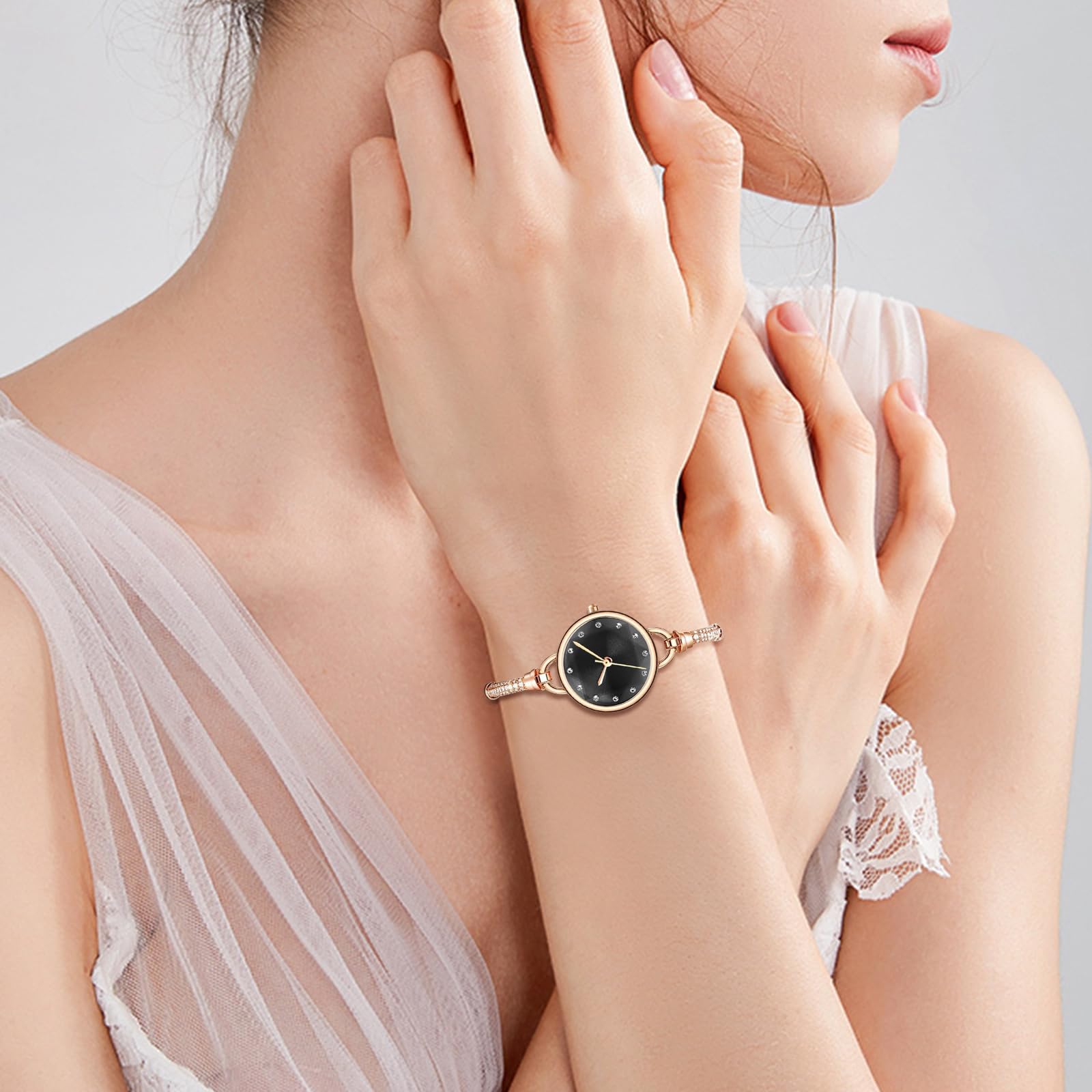 JewelryWe Damen-Armbanduhr, Quarz, analog, rund, klein, Roségold, wasserdicht, verstellbares Armband aus Edelstahl, für den täglichen Gebrauch