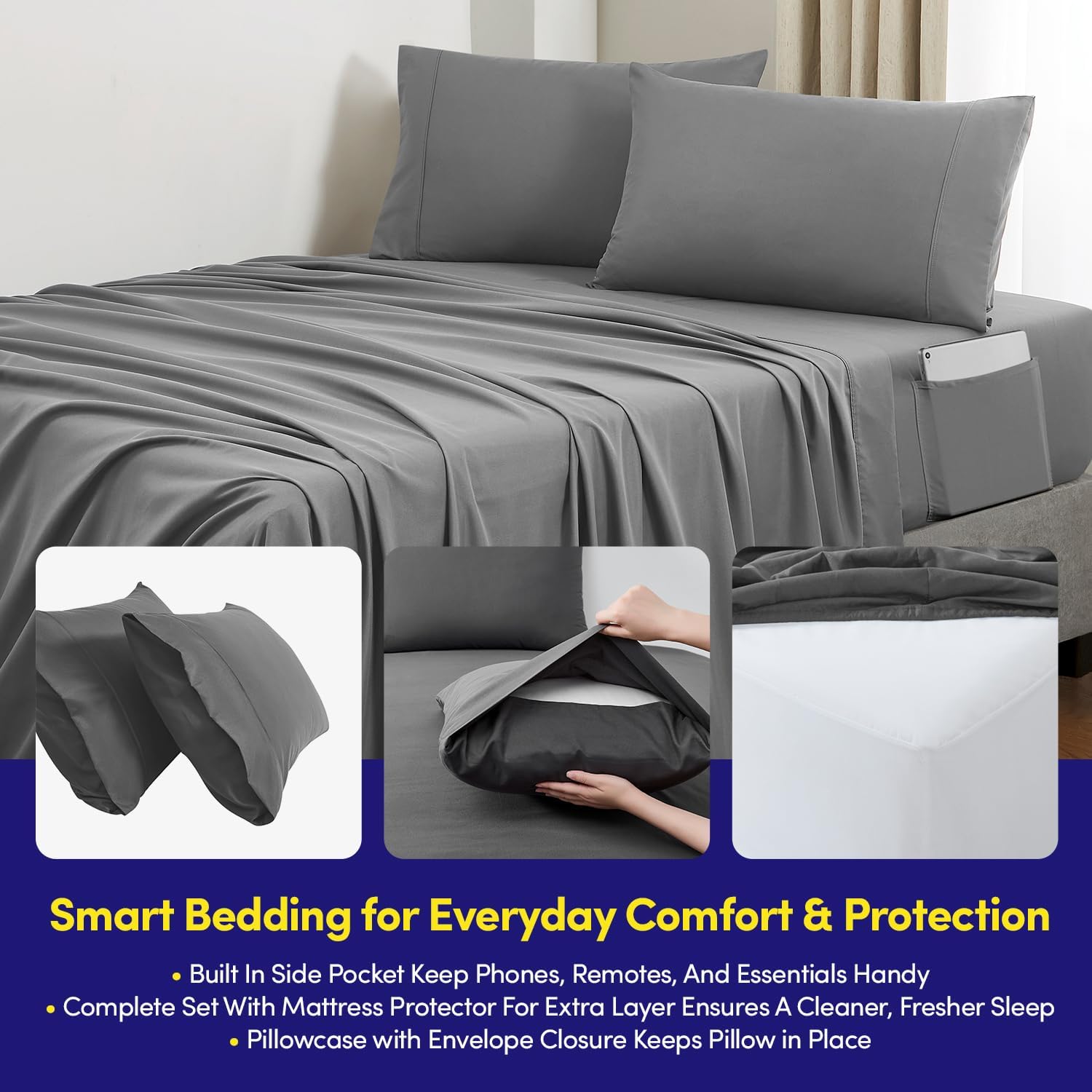 Full Size Comforter Set Quilted Stripe Bedding Bundle – Comforter, Mattress Protector, Sheets with Pockets on the Side & Built-in Corner Strap – Fitted Sheet Media Pocket for Devices, Charcoal
