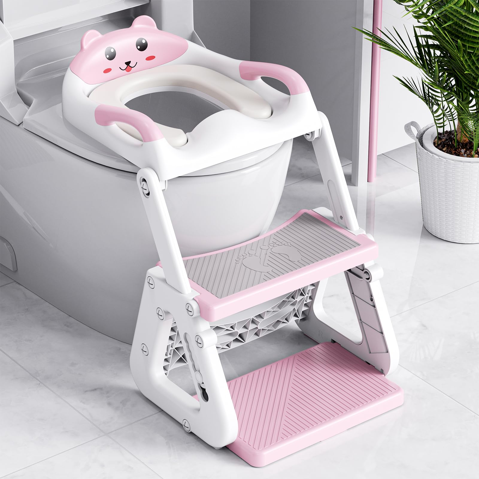 Orzbow Riduttore Wc Bambini con Scaletta, Stabilizzare Scaletta Wc Per Bambini con Struttura a Triangolo,Paraspruzzi Estesi e Cuscino in PVC Impermeabile,Antiscivolo e Pieghevole,Rosa