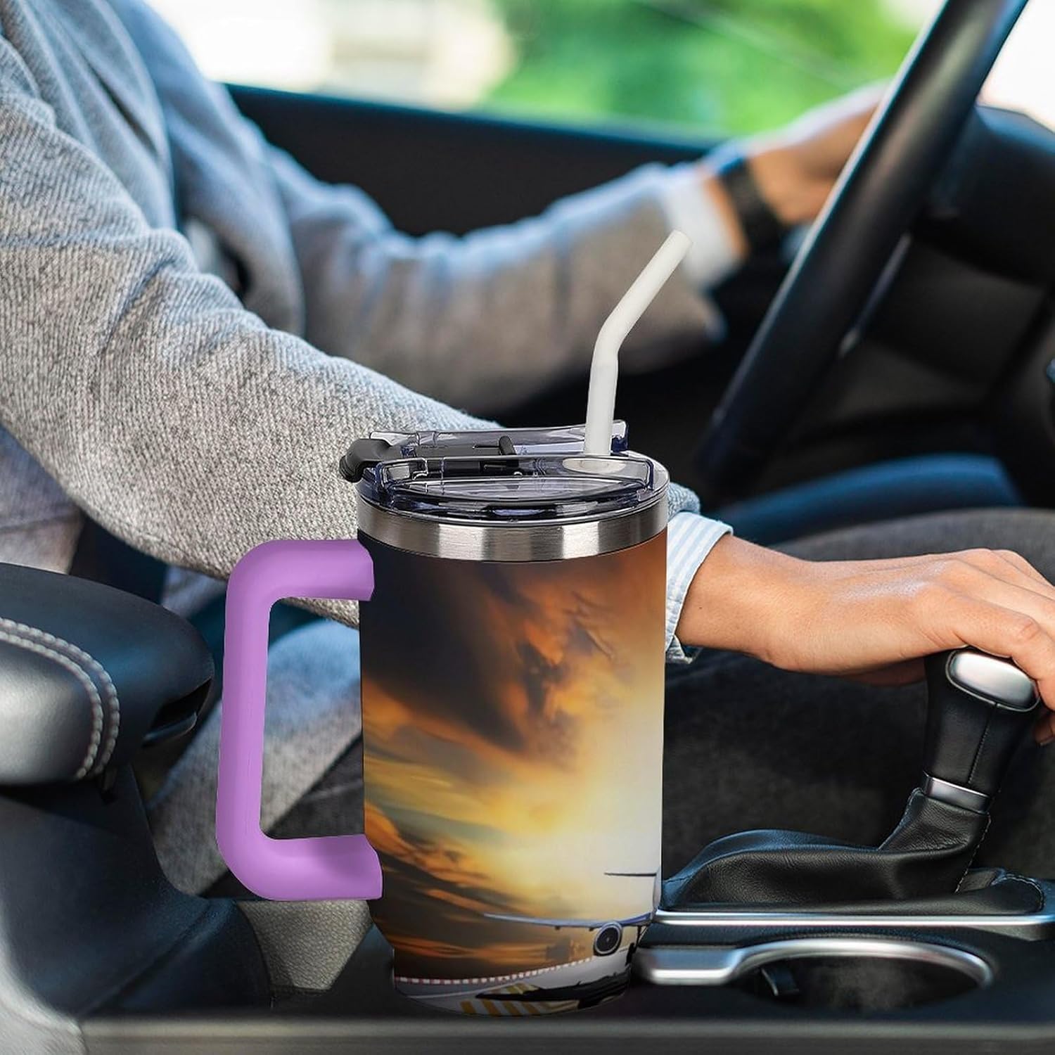 Backpack Airplane Tumbler Stainless Steel Large Car Cup with Handle&Straw Lid Portable Coffee Cup Leak-proof Water Bottle Insulated Vacuum Travel Mug for Home Outdoor 40oz