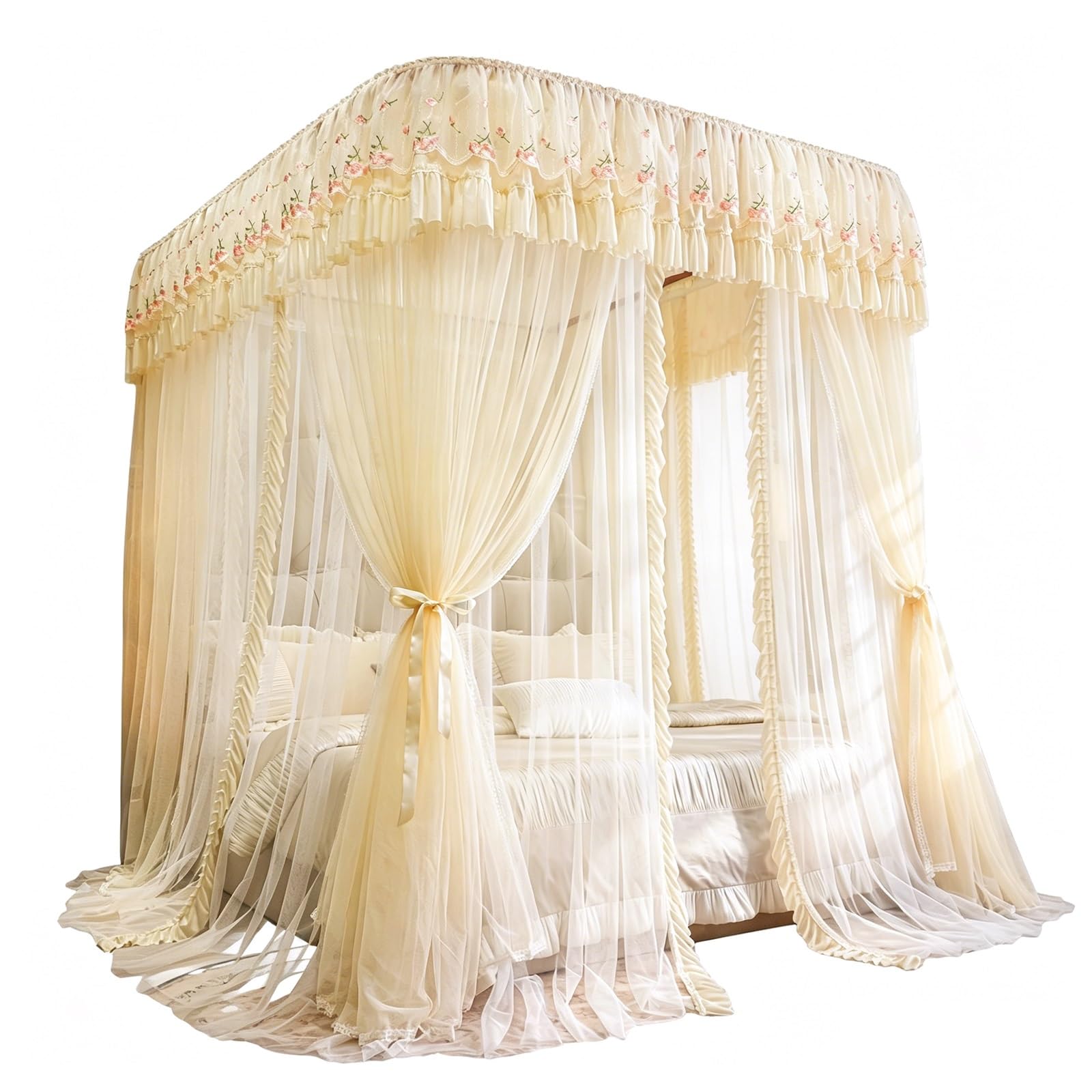 SARKEY U-Shaped Rail Bed Canopy Curtain,Lace Up Ruffle Princess,Adults Bedroom(YE,200x220x210cm(79"x87"x83"))