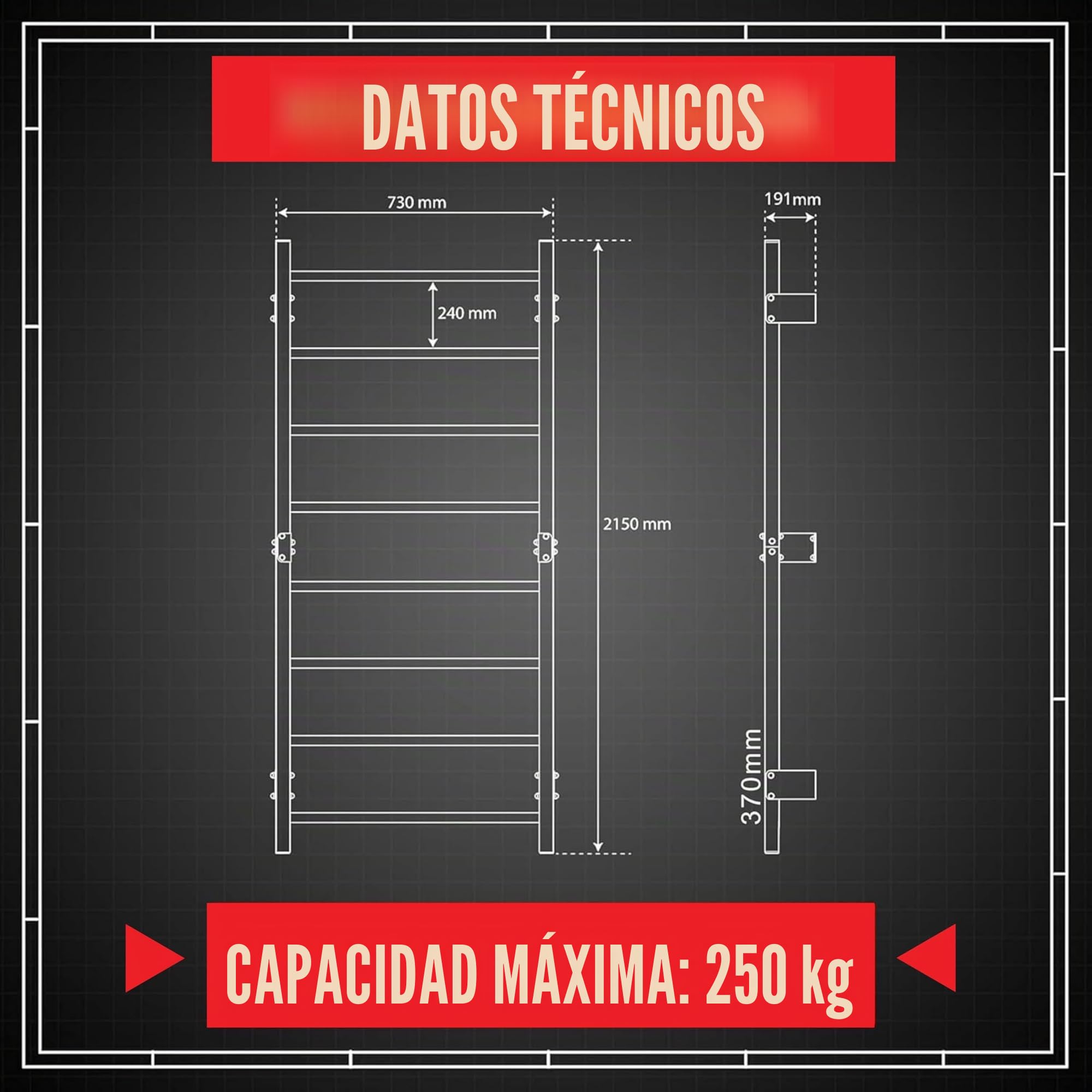 K-Sport: Barras de pared con 8 peldaños, muro de escalada para montaje en pared, muro de peldaño para interiores y exteriores, estación de fuerza para un entrenamiento muscular eficaz, para el hogar