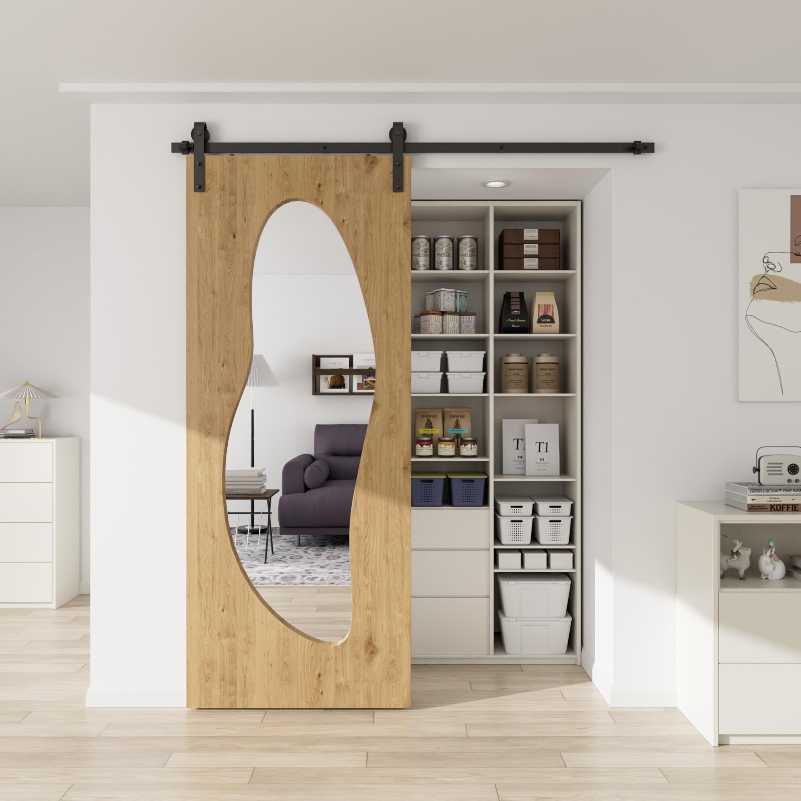 7FT/213cm Sliding Barn Wood Door Hardware Closet Track Kit Single Door, Black J Shape Hanger