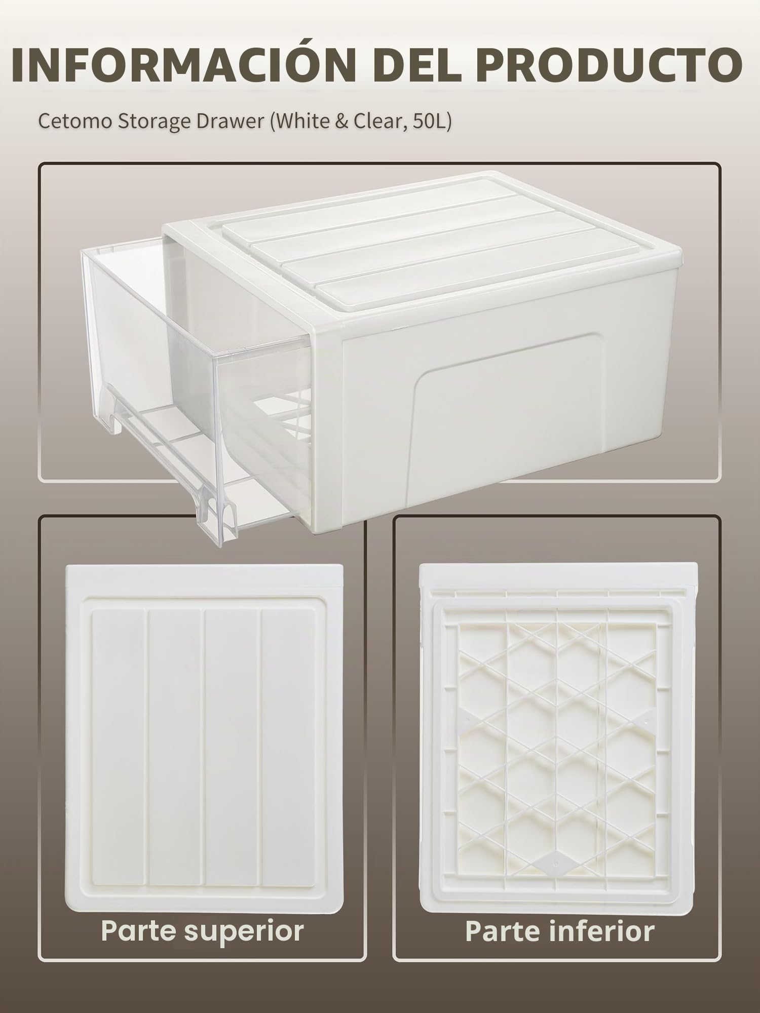 Cetomo 50L*3 Cajones de Almacenamiento de Plástico, Organizadores para Escritorio de Oficina, Caja de Almacenamiento, Torre Apilable para Cosméticos, Resistente, Blanco, Transparente, 50L-3 Unidades