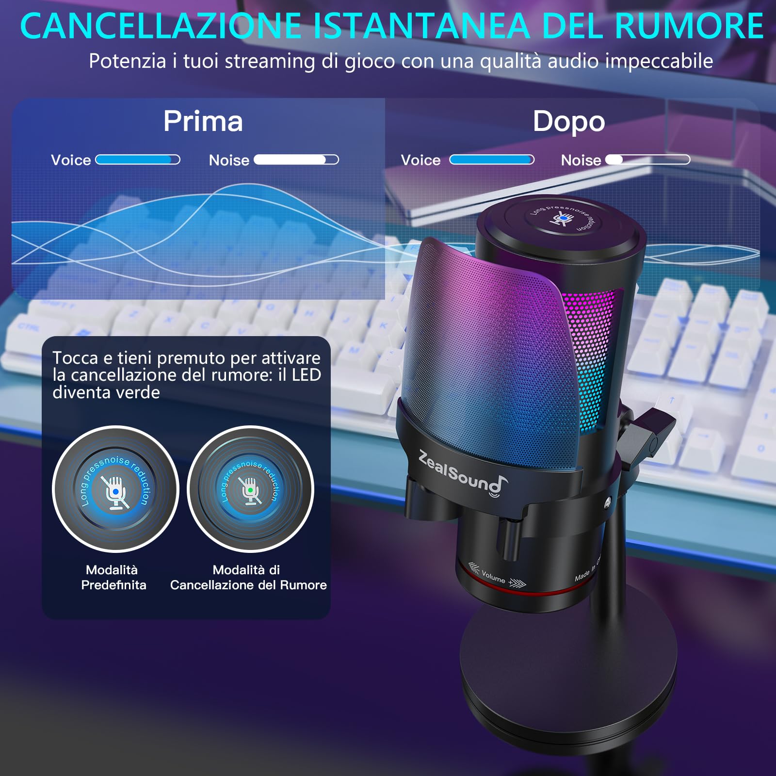 ZealSound Microfono USB gaming, microfono condensatore, microfono luce RGB, streaming, guadagno, monitoraggio per streaming, podcast, YouTube, Discord, *Phone, iPad, PC, computer, PS, Mac, GamerWave
