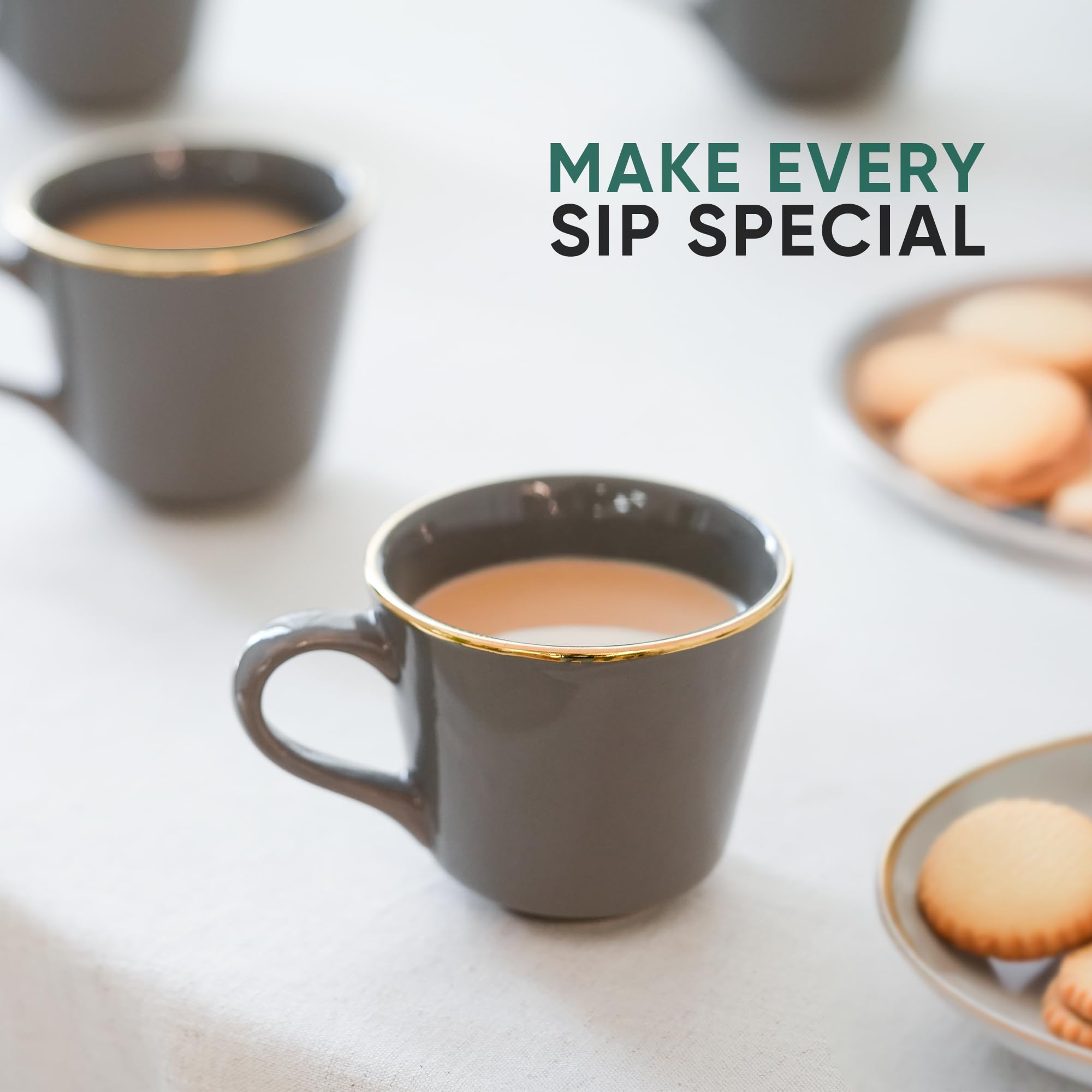 Shay Ceramic Tea Cup Set, Set of 6, Grey with Real Gold Line, 180ml | Cup Set of 6 for Tea | Glossy Finish | Premium Ceramic | Tea Cup Set of 6 (Tea Cups - Grey Gold Line) 3