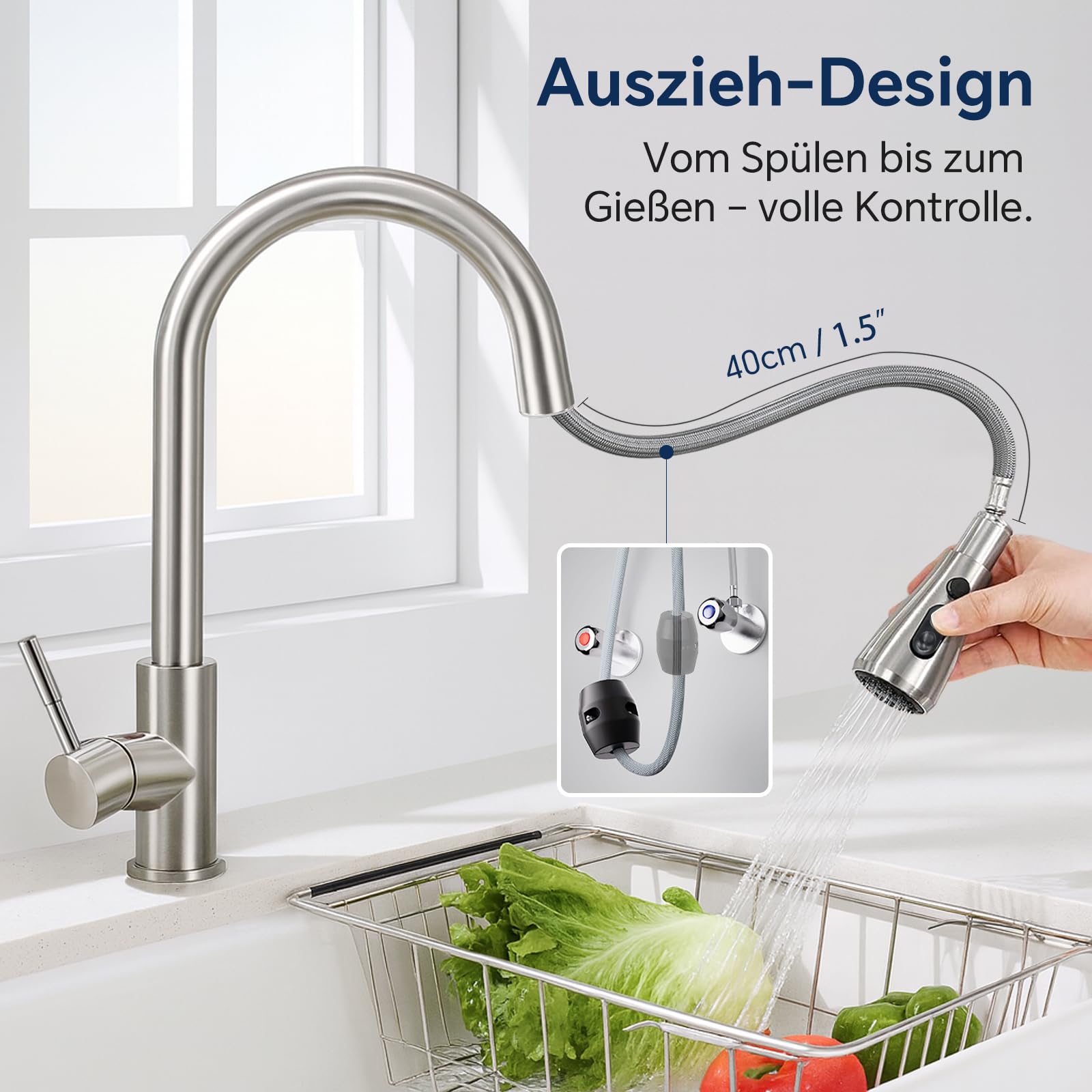 SURFOU Robinet Cuisine, Pulvérisateur Extractible 2+1 Modes, Rotatif à 360°, Mitigeur Chaud et Froid à Haute Pression en Acier Inoxydable, Design Moderne, Facile à Installer, Durable