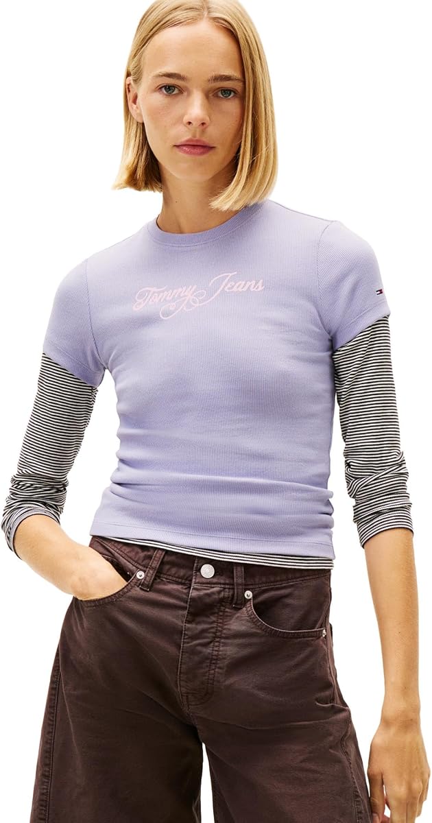 Tommy Jeans Women's Short Sleeve Cotton Graphic T-Shirts with Printed Script Logo