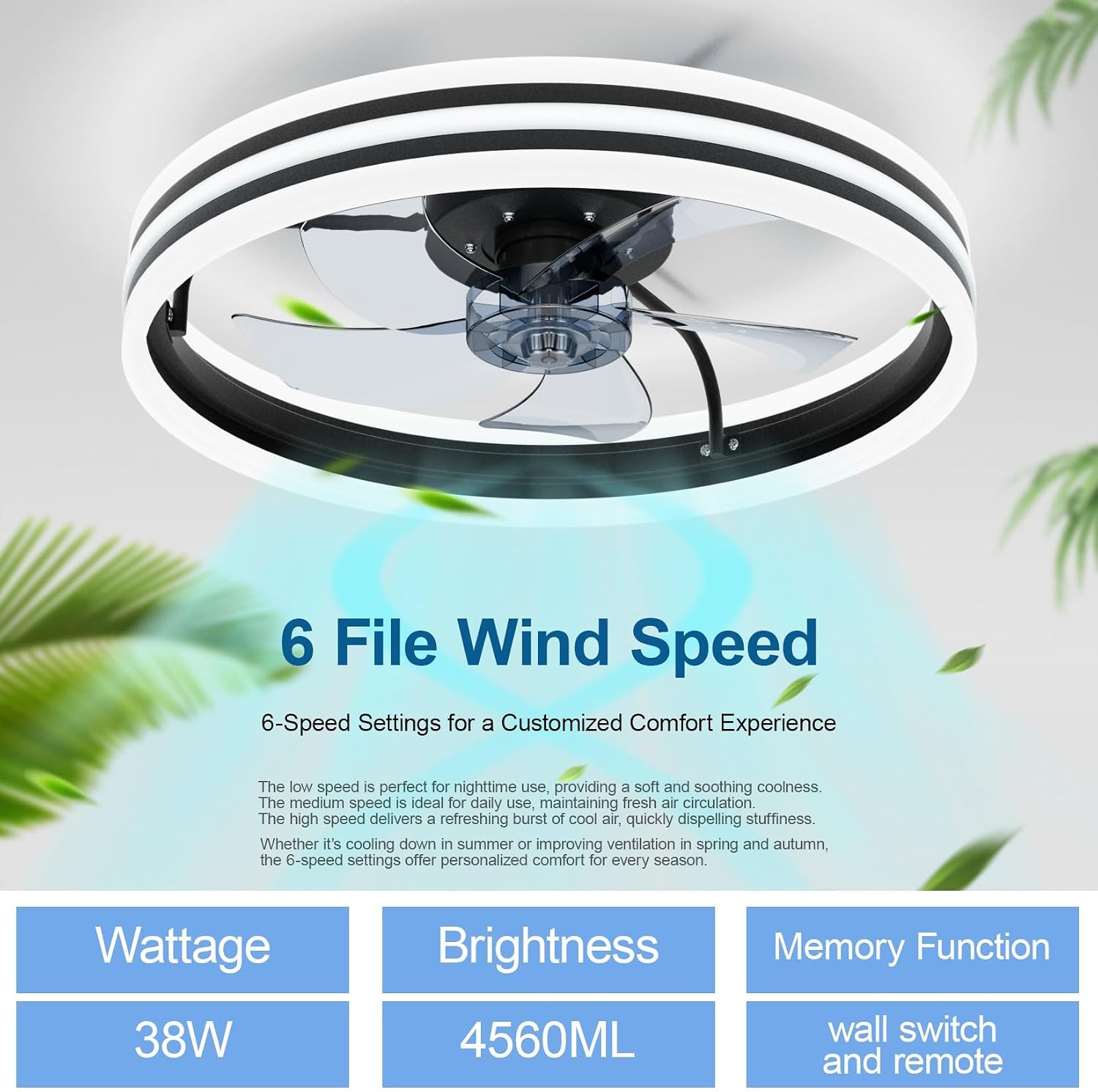 Ralbay Ceiling Fans with Lights and Remote, 20" Modern Dimmable LED Black Ceiling Fan, 6 Wind Speeds Smart Low Profile Flush Mount Ceiling Fans for Bedroom