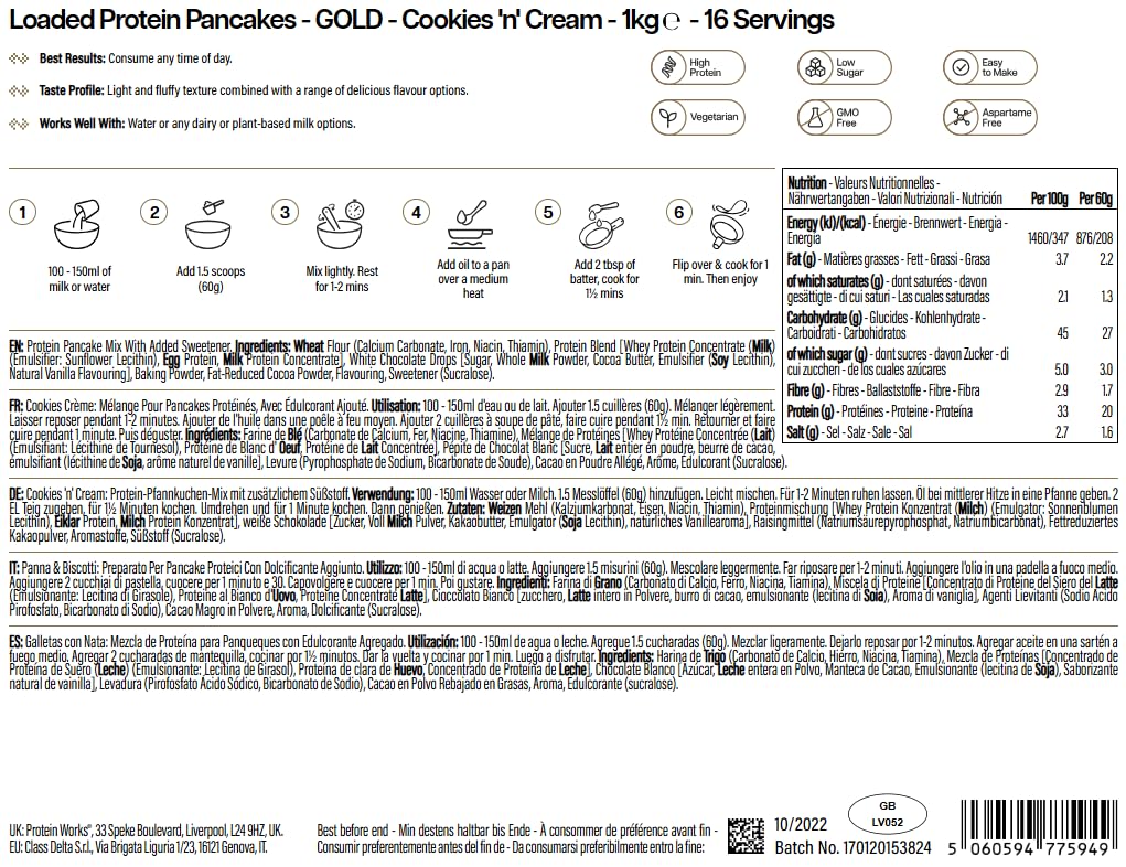 Protein Works | Loaded Protein Pancakes – GOLD Innovation, Mezcla Pancakes Proteicos Premium, Desayuno High-Protein, Bajo Azúcar & Grasa, Cookies & Cream, 16 Porciones, 1kg