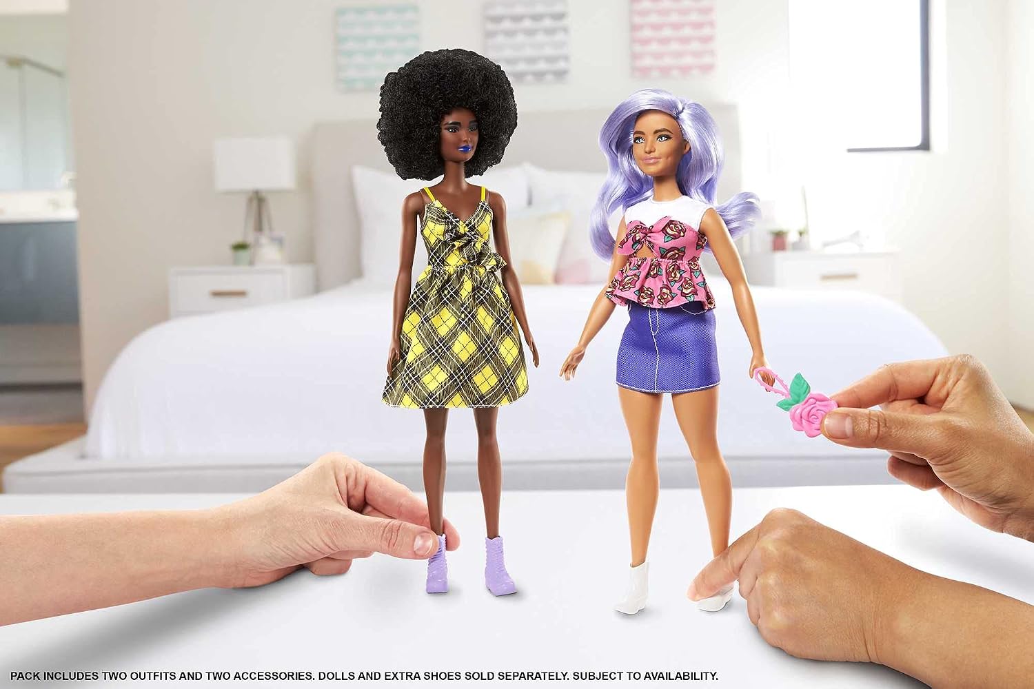 Barbie Fashions 2-Pack Clothing Set, 2 Outfits Doll Include Yellow Plaid Dress, Floral Top, Denim Skirt & 2 Accessories, Gift for Kids 3 to 8 Years Old