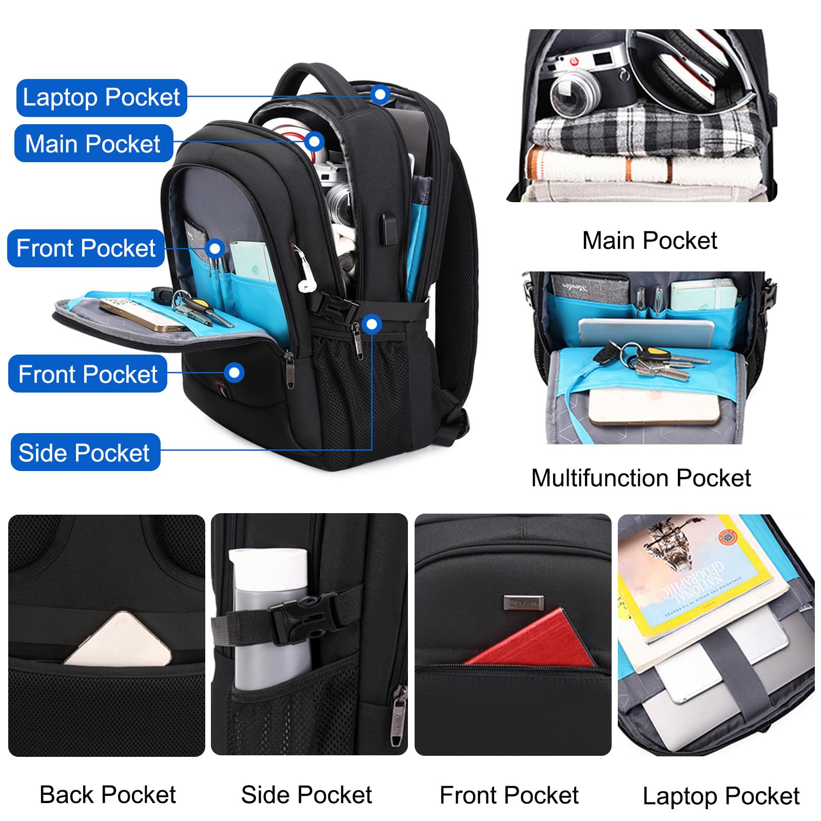 FANDARE Mochila Cabina Avion Mochila Portatil 15.6 Pulgadas Mochila Hombre Mujer Mochila con Puerto de Carga USB Bolsos Bandolera Backpack para Negocio Trabajo Diario Viaje Mochila Azul