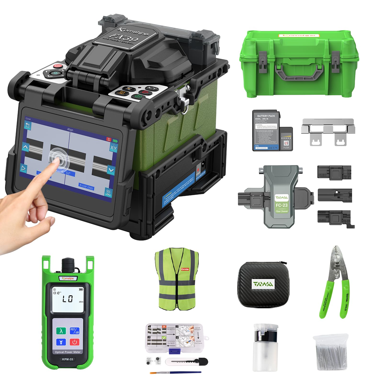 KomShine FX39 Fusion Splicer Six Motors 6S Fast Splice; 16S Heat; 4.3 Inch Touch Screen with Full Stripping Tools, Comes with Extra Power Meter, 5000 Electrodes Life