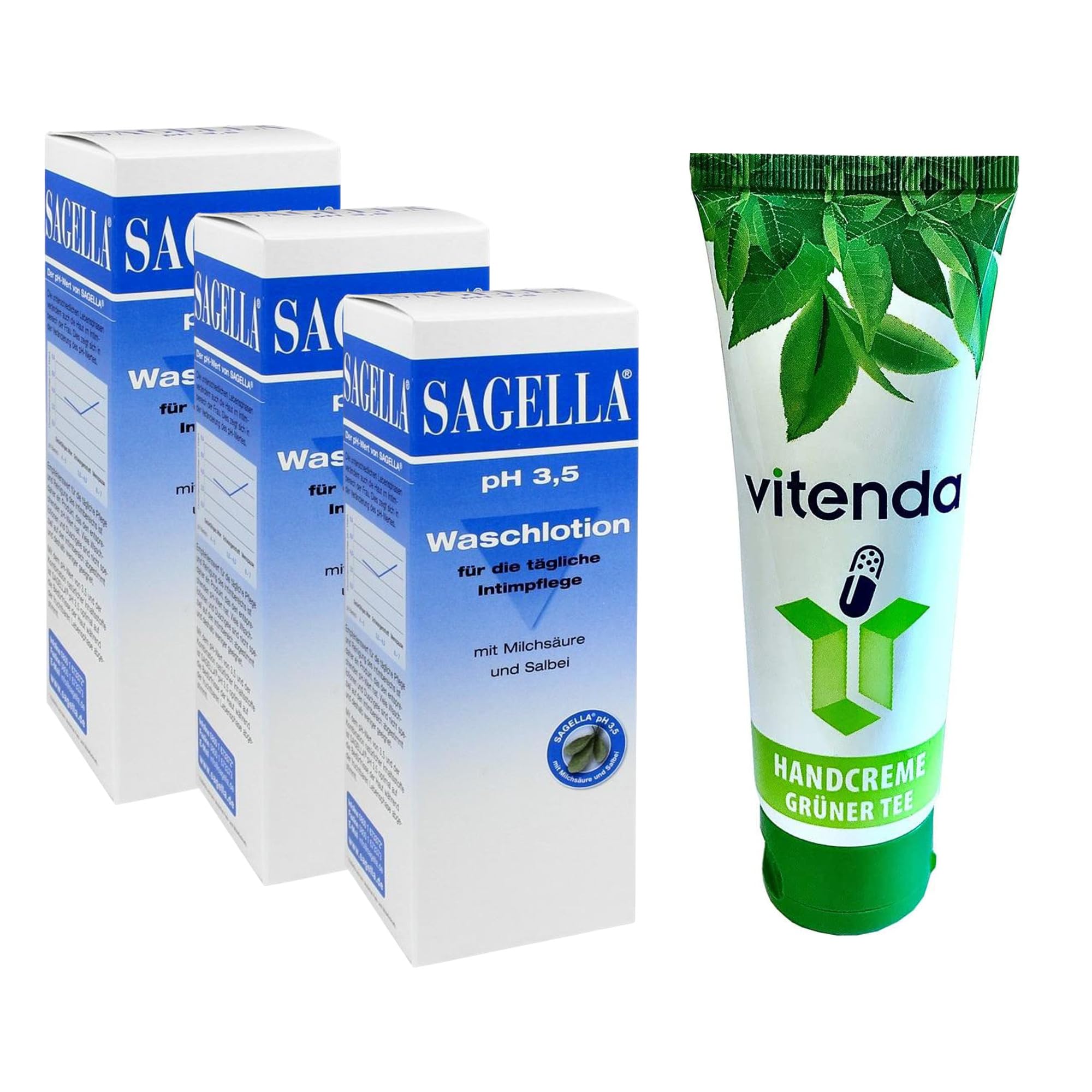 Set: Intim-Waschemulsion mit Sagella pH 3,5, seifenfrei mit Milchsäure & Salbei zur täglichen Intimpflege, 3x250ml – inkl. vitenda Handcreme