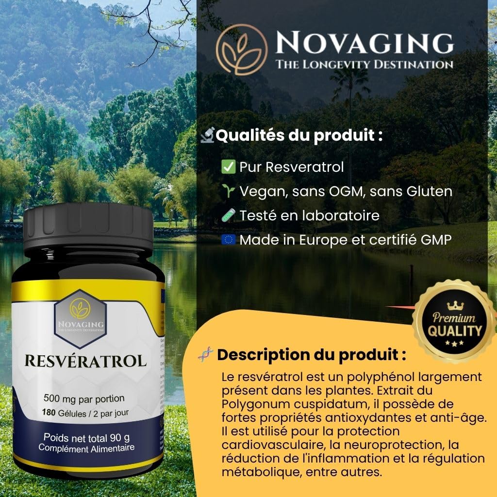 Resvératrol Pur 98%, 180 Gélules Vegan, 3 mois de cure. | Extrait de Polygonum Cuspidatum. Précisément dosé. Testé Sans OGM ni Allergènes. NovAging®